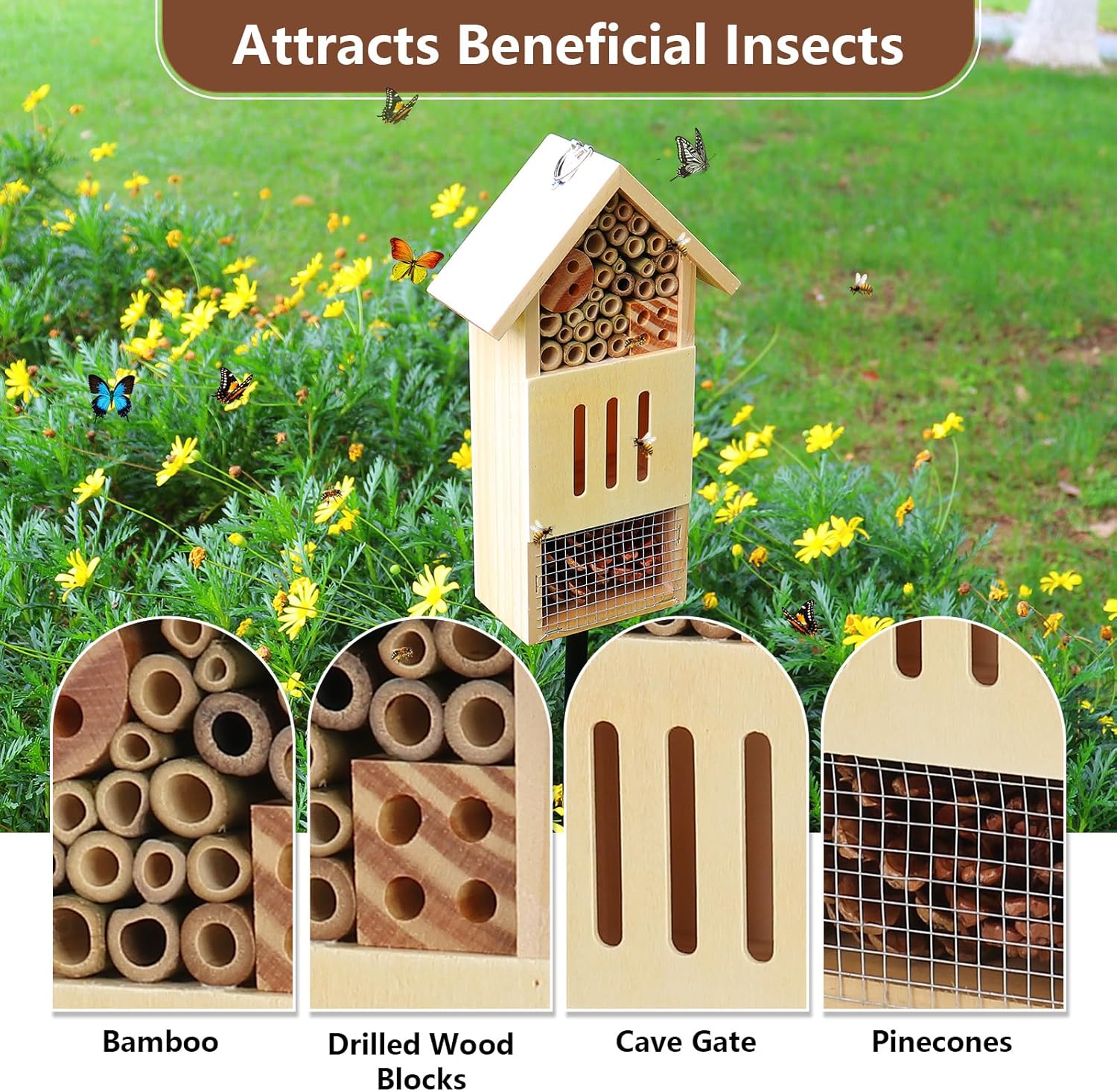 Wooden Insect House, Bee House with Metal Stake for Gardens, Insect Hotel & Butterfly Hotel on The Ground or Hanging on Tree Wall, Natural Insect Habitat for Bee, Butterfly, Ladybirds, Bugs