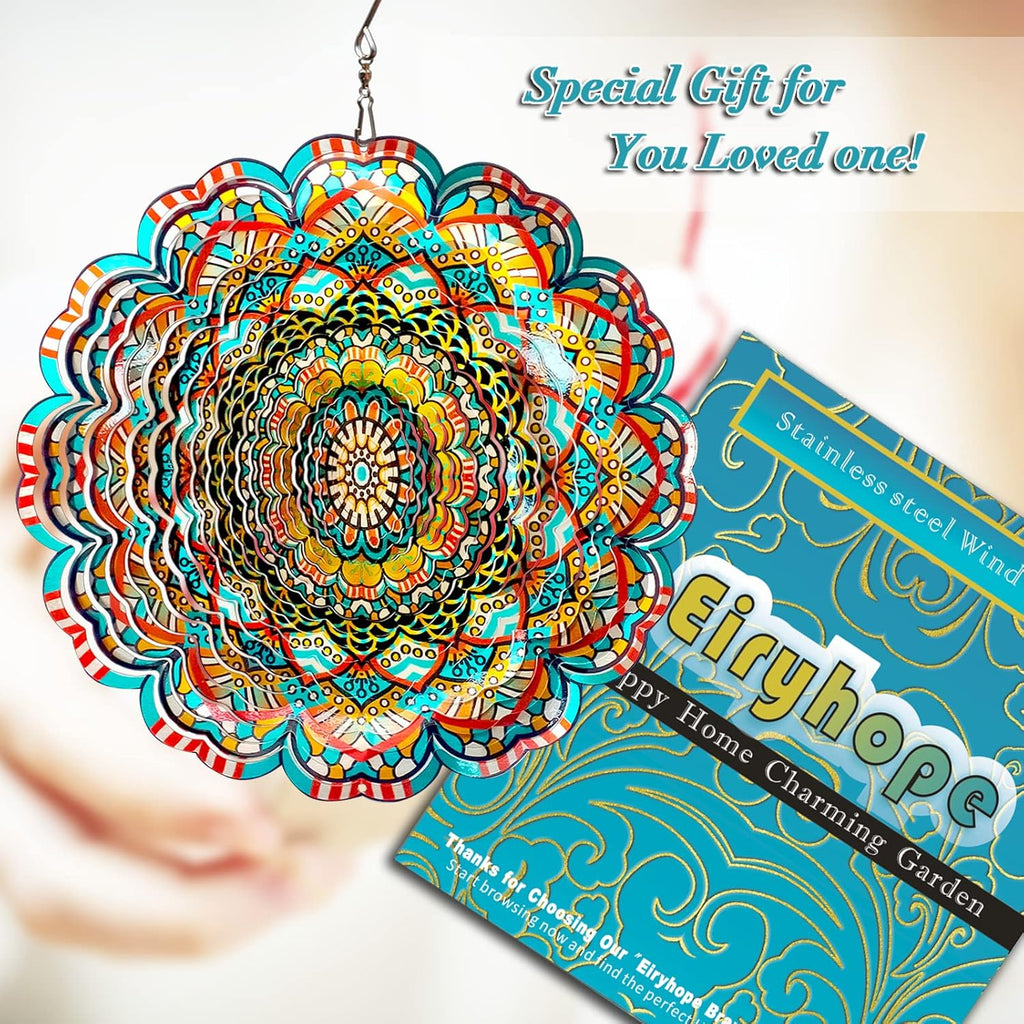 Mandala Wind Spinner - Lucky Star Design | 12-Inch Laser Cut Stainless Steel, Kinetic Hanging Wind Sculpture for Garden, Porch, Patio, Home | Outdoor 3D Metal Windcatcher & Yard Art