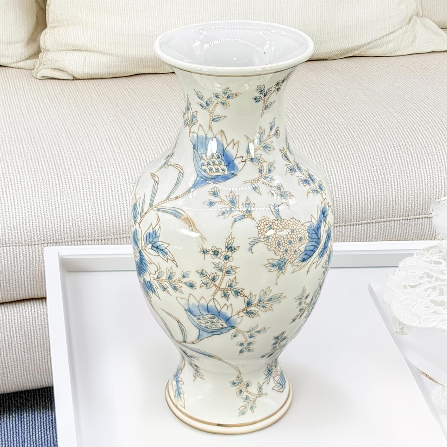 Galt International White & Blue Floral Chinoiserie Ceramic Vase 14" - Hand Painted Antique Style Porcelain Flower Bottle Fishtail Porcelain Chinese Vase for Home Decor Centerpiece