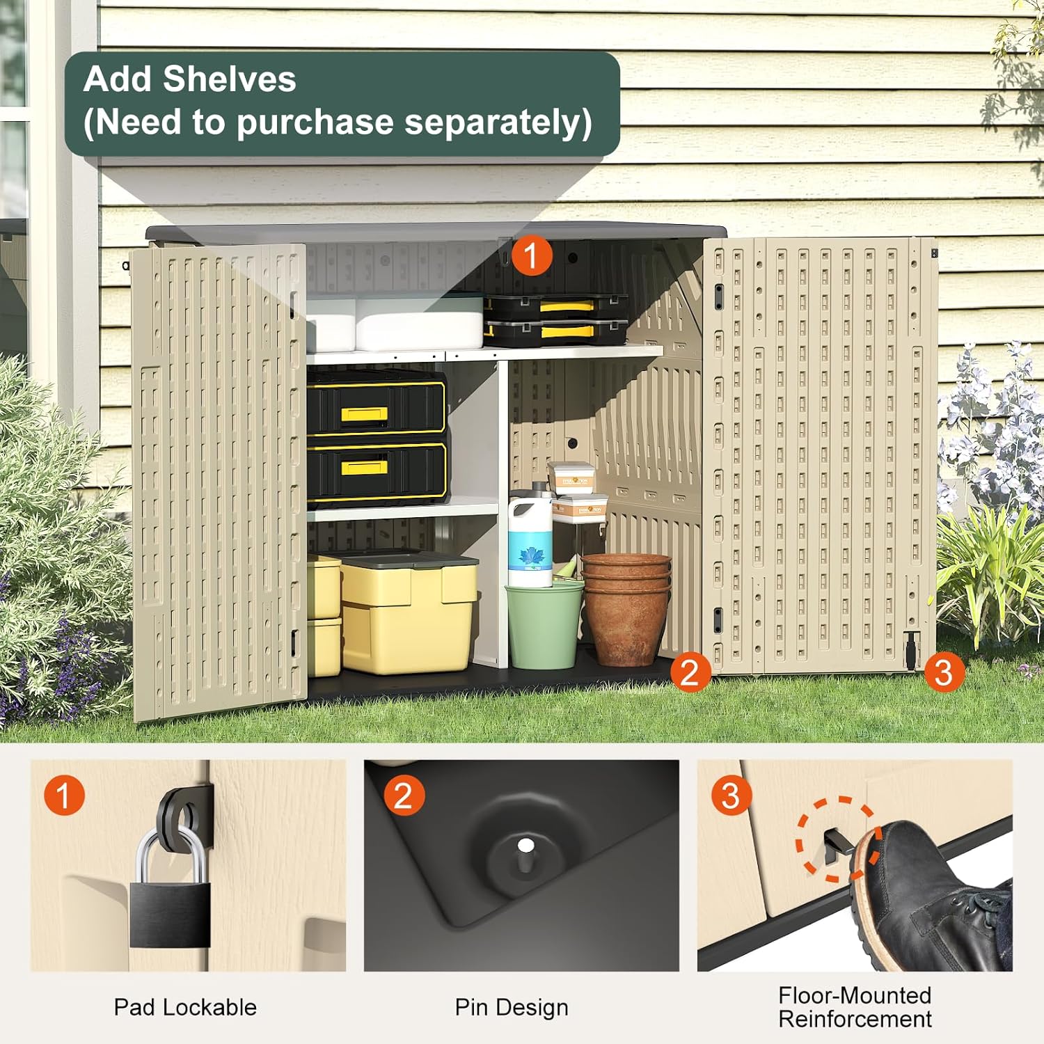 30 Cu.Ft Outdoor Storage Shed, Multi-Purpose Weather-Resistant Utility Shed for Garbage Cans, Lawn Mower, Garden Tools, Waterproof Resin Horizontal Cabinet with Pad-Lockable Doors (Khaki)