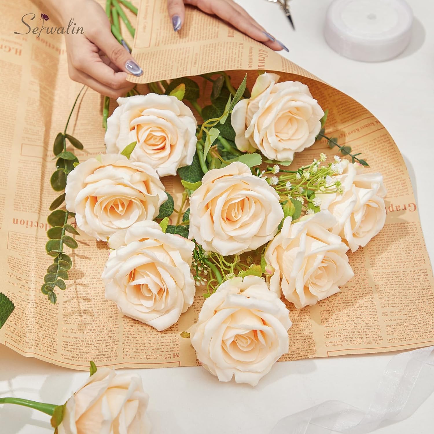 Serwalin 20pcs Artificial Roses, 4'' Big Flower Head, Champagne Velvet Silk Roses, Fake Roses Long Stem Realistic Bouquet for Wedding Table Centerpiece