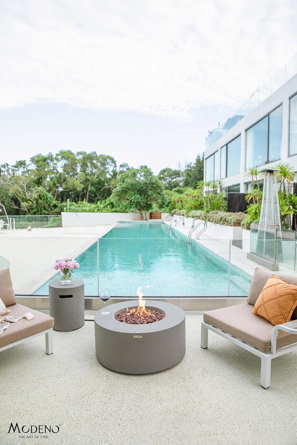 AMS Fireplace | Modeno Tramore Package | Light Gray Natural Gas Fire Pit Table for Outside Patio Bundle with Wind Guard, and SS Burner Lid | Free Ice Bucket & Rubber Mat