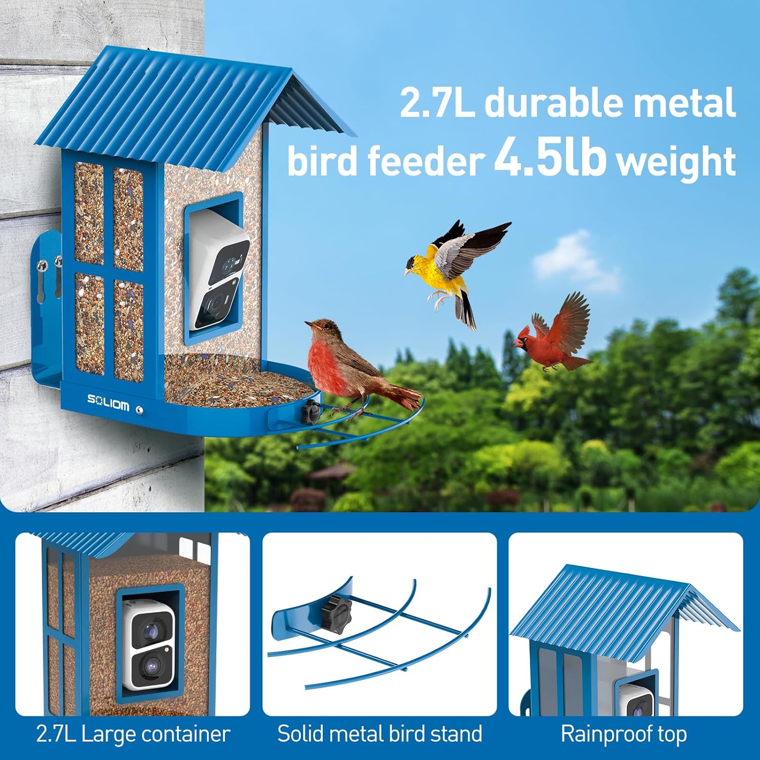 Bird Feeder with Camera with AI Identify Species, Wild Bird Watching, 2K Live View, Instant Arrival Alerts with 5W Solar Powered-Soliom BF08 Metal Blue