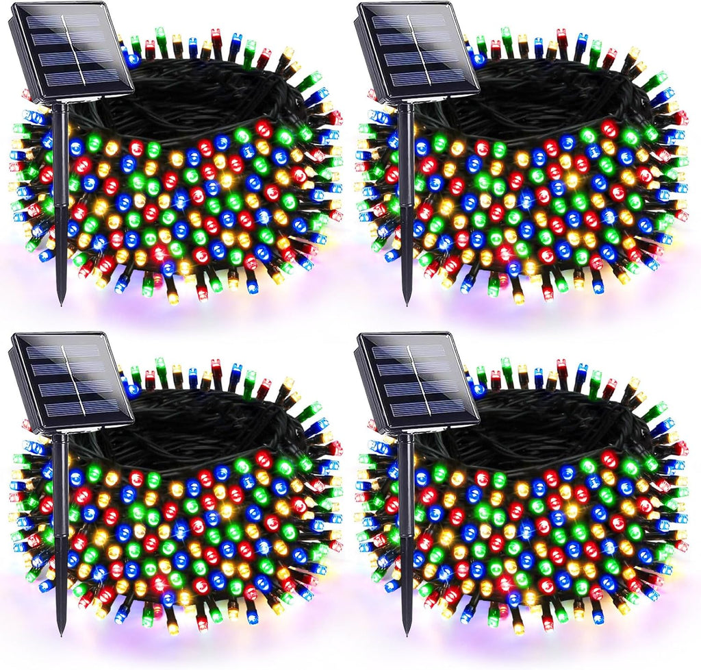 4 Pack 180FT Solar Christmas Lights Outdoor Waterproof, Super Bright 320 LED Solar String Lights with 8 Lighting Modes, Green Wire Twinkle Tree Light for Outside Xmas Party Decorations (Multi-Colored)