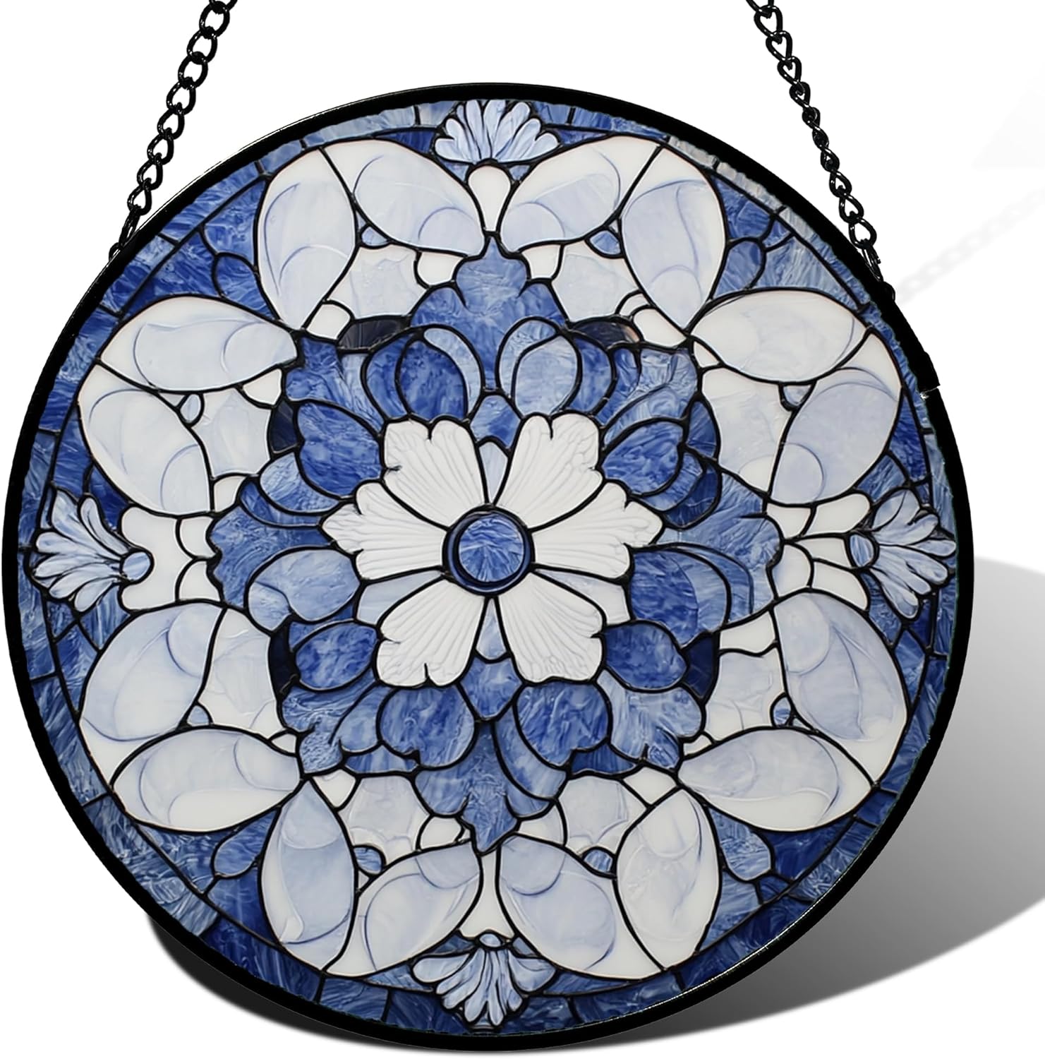 Stained Glass Window Hanging - Blue White Floral Pattern Suncatcher for Doors Garden Retro Sun Catchers Decor Christmas Mother's Day Birthday Gifts for Women Men Mom Nana Friend Girl 11.8 in