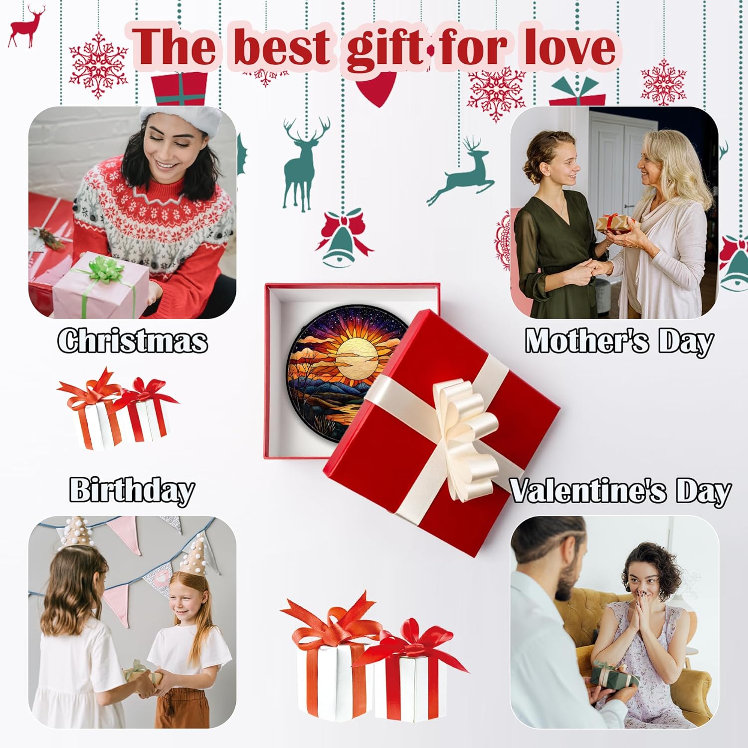 Stained Glass Window Hanging, The Sun Shines Brightly on Lake Sun Catchers Colorful Glass Panel Suncatcher Decor for Birthday for Women, Men, Wife, Lovers, and Mom 14.9x14.9 in