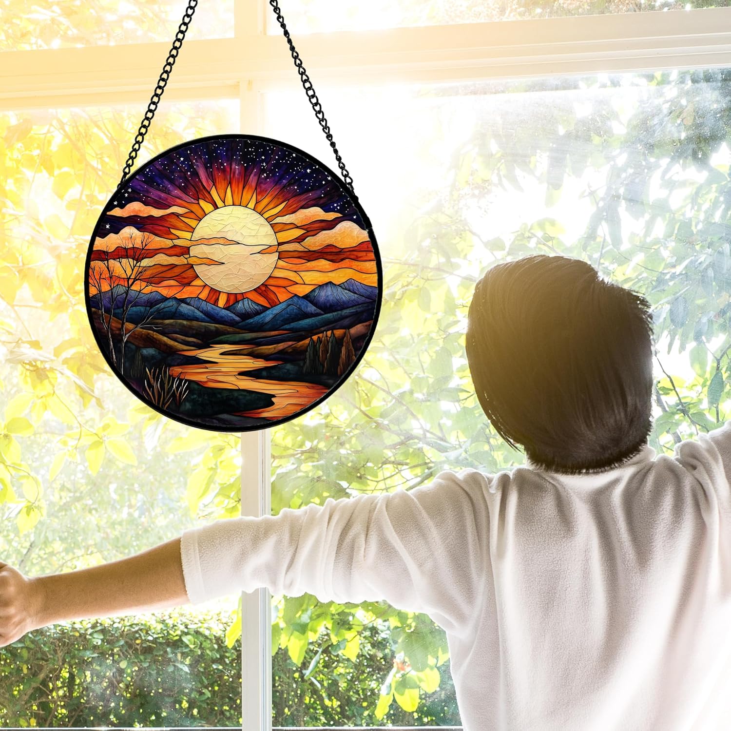 Stained Glass Window Hanging, The Sun Shines Brightly on Lake Sun Catchers Colorful Glass Panel Suncatcher Decor for Birthday for Women, Men, Wife, Lovers, and Mom 9.8 in