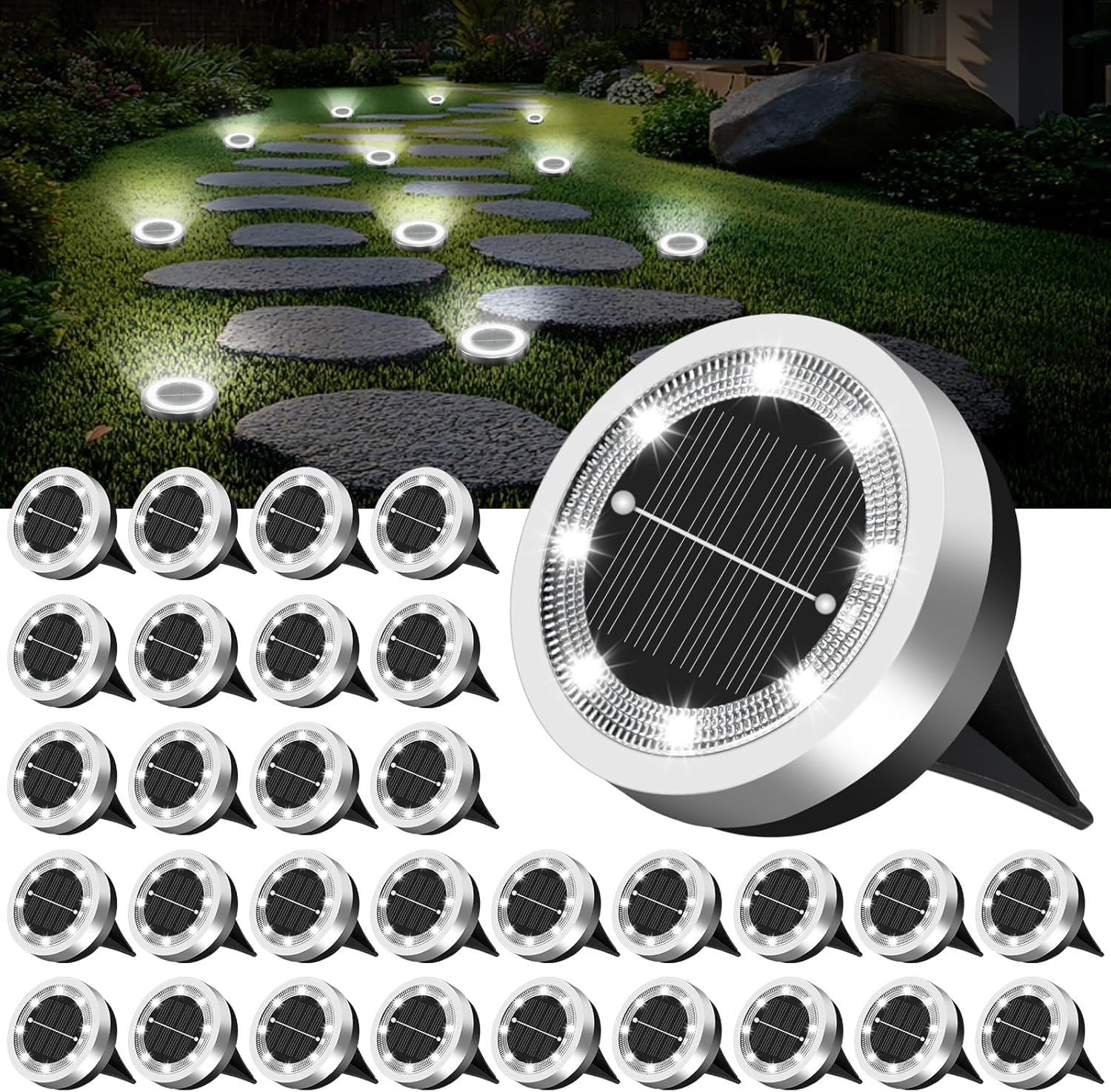 Mini Solar Ground Lights Outdoor 32 Pack Waterproof Upgraded Anti-Rust Solar Flat Garden Lights Stainless Steel Solor Powered Disc Landscape Light for Pathway Walkway Yard Lawn Patio-Cool White