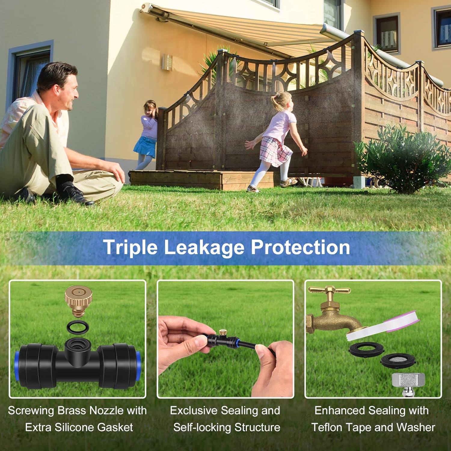 GOXAWEE Misting System, 59FT (18M) Misting Line + 20 Brass Mist Nozzles + Brass Adapter(3/4"), Misters for Outside Patio Cooling Outdoor Garden Greenhouse Trampoline for Waterpark