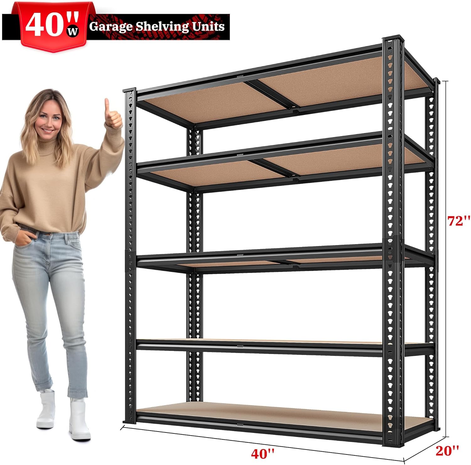 REIBII 2500LBS Garage Shelving Heavy Duty 72''H Storage Shelves 40" W Heavy Duty 5 Tier Metal Shelves Adjustable Pantry Shelf for Closet Pantry Basement Kitchen Warehouse 72" H x 40" W x 20" D, 2 Pack