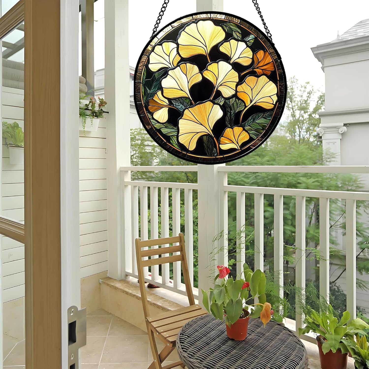 Stained Glass Window Hanging - Ginkgo Leaf Suncatcher for Doors Garden Patio Retro Fall Decor Sun Catchers Christmas Mother's Day Birthday Gifts for Women Men Mom Nana Friend 9.8 in