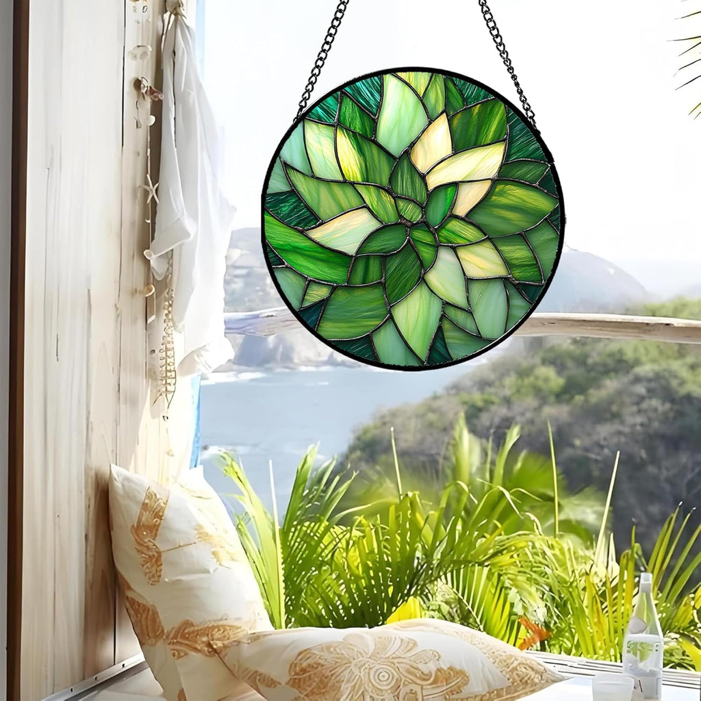Stained Glass Window Hanging - Green Plants Suncatcher for Doors Garden Patio Flowers Sun Catchers Decor Christmas Mother's Day Birthday Gifts for Women Men Mom Nana Friend 9.8 in