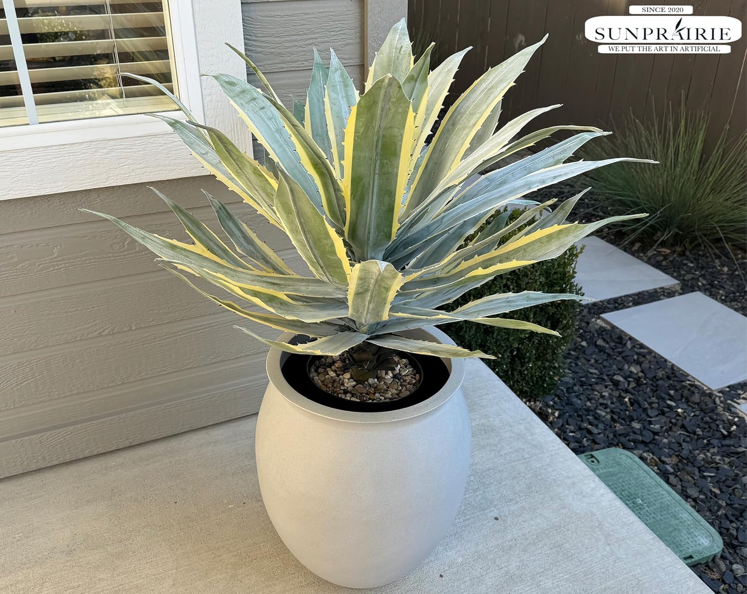 SUNPRAIRIE 32 Inch Tall Large Faux Agave Plant with Two-Tone Sawtooth Edged Leaves; Planted in Black Pot with Real Stone Pebbles. Large Artificial Plants Indoor and Outdoor.