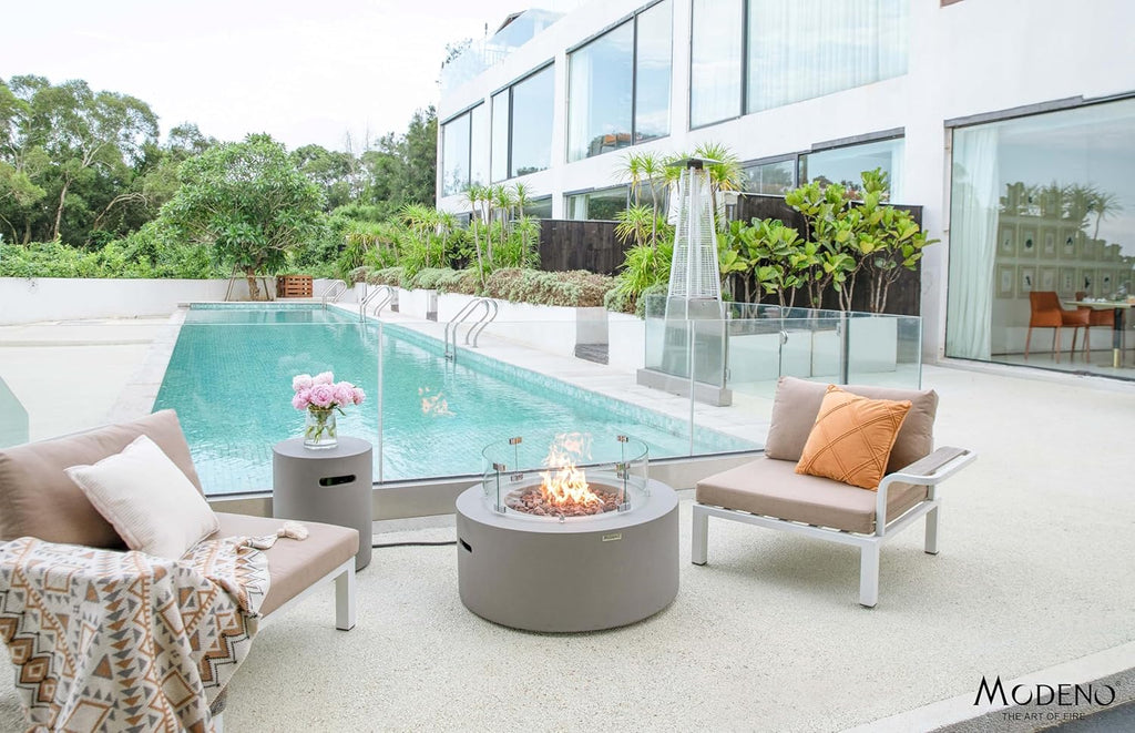 AMS Fireplace | Modeno Tramore Package | Light Gray Natural Gas Fire Pit Table for Outside Patio Bundle with Wind Guard, and SS Burner Lid | Free Ice Bucket & Rubber Mat