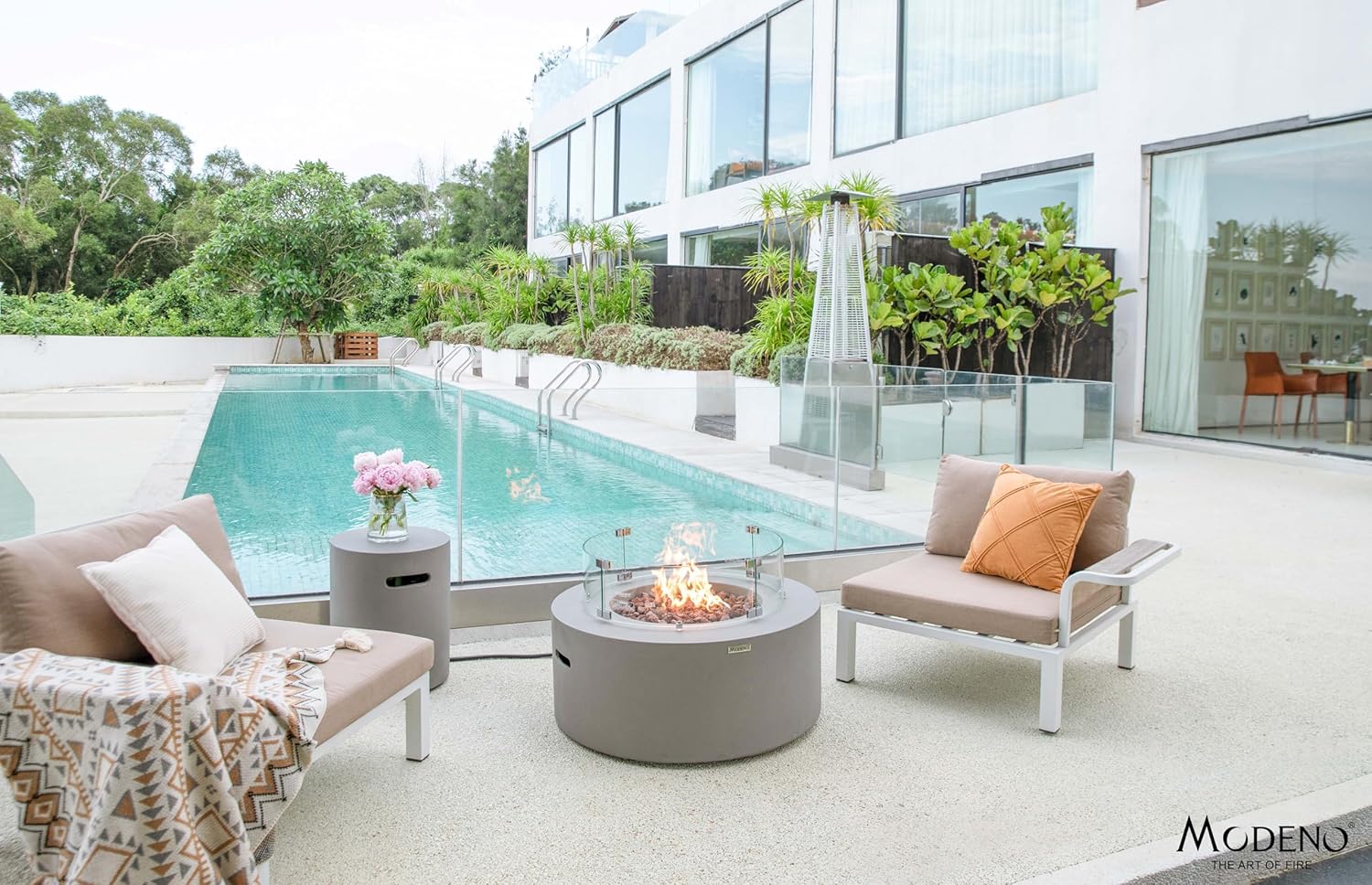 AMS Fireplace | Modeno Tramore Package | Light Gray Liquid Propane Gas Fire Pit Table for Outside Patio Bundle with Tank Cover, Wind Guard, and SS Burner Lid | Free Ice Bucket & Rubber Mat