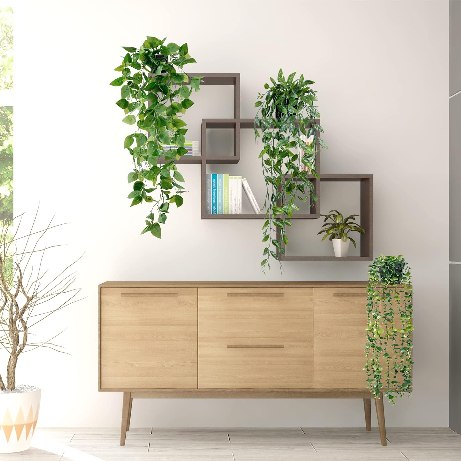 Sggvecsy Fake Hanging Plants 4 Pack Artificial Hanging Eucalyptus Plants Fake Potted Greenery Faux Eucalyptus Mandala Vine Ivy Vine Leaves Pea Pod for Home Indoor Outdoor Wall Garden Decor