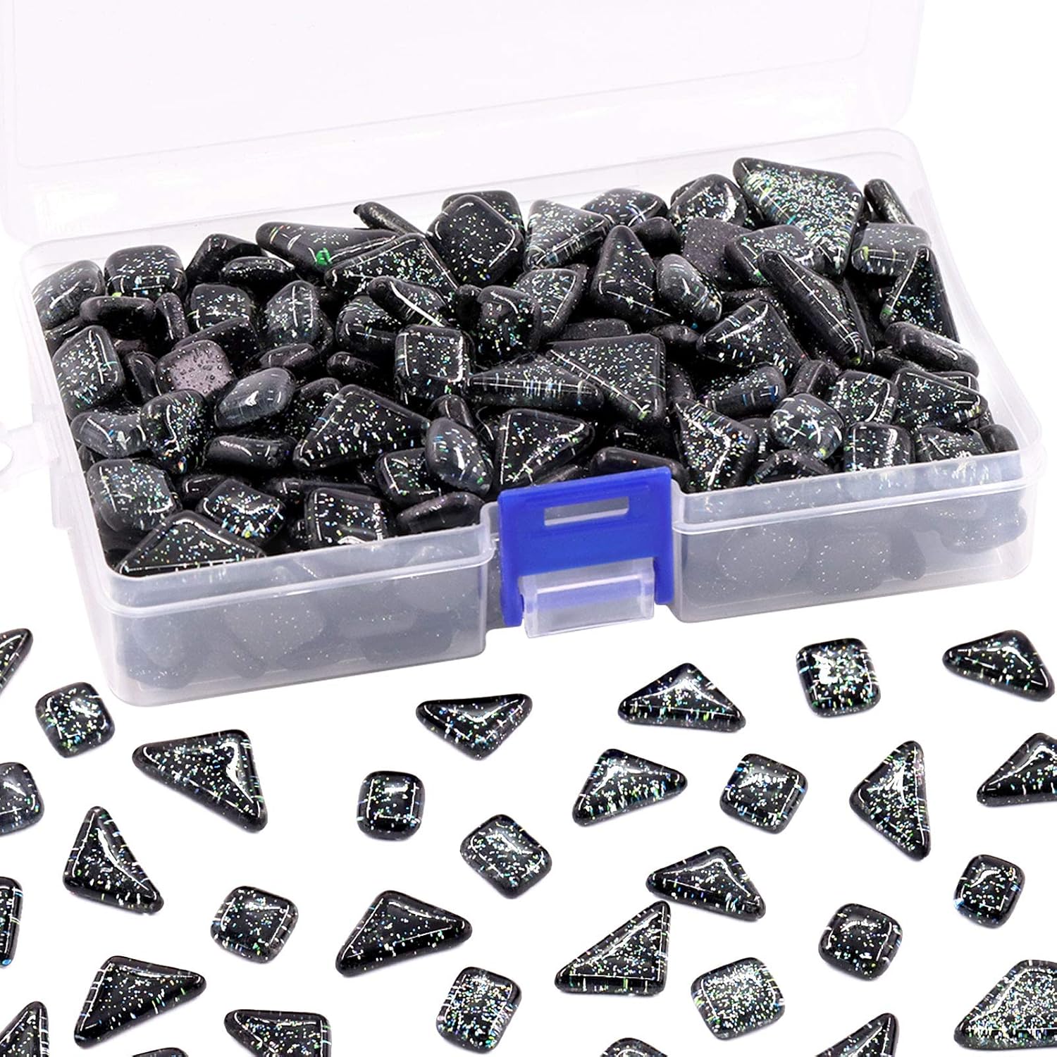 Swpeet 1 Pound Black Shine Crystal Series Mosaic Tiles Assortment Kit, Square and Triangle Genuine Mosaic Tiles Glitter Crystal Mosaic Perfect for Home Decoration Crafts