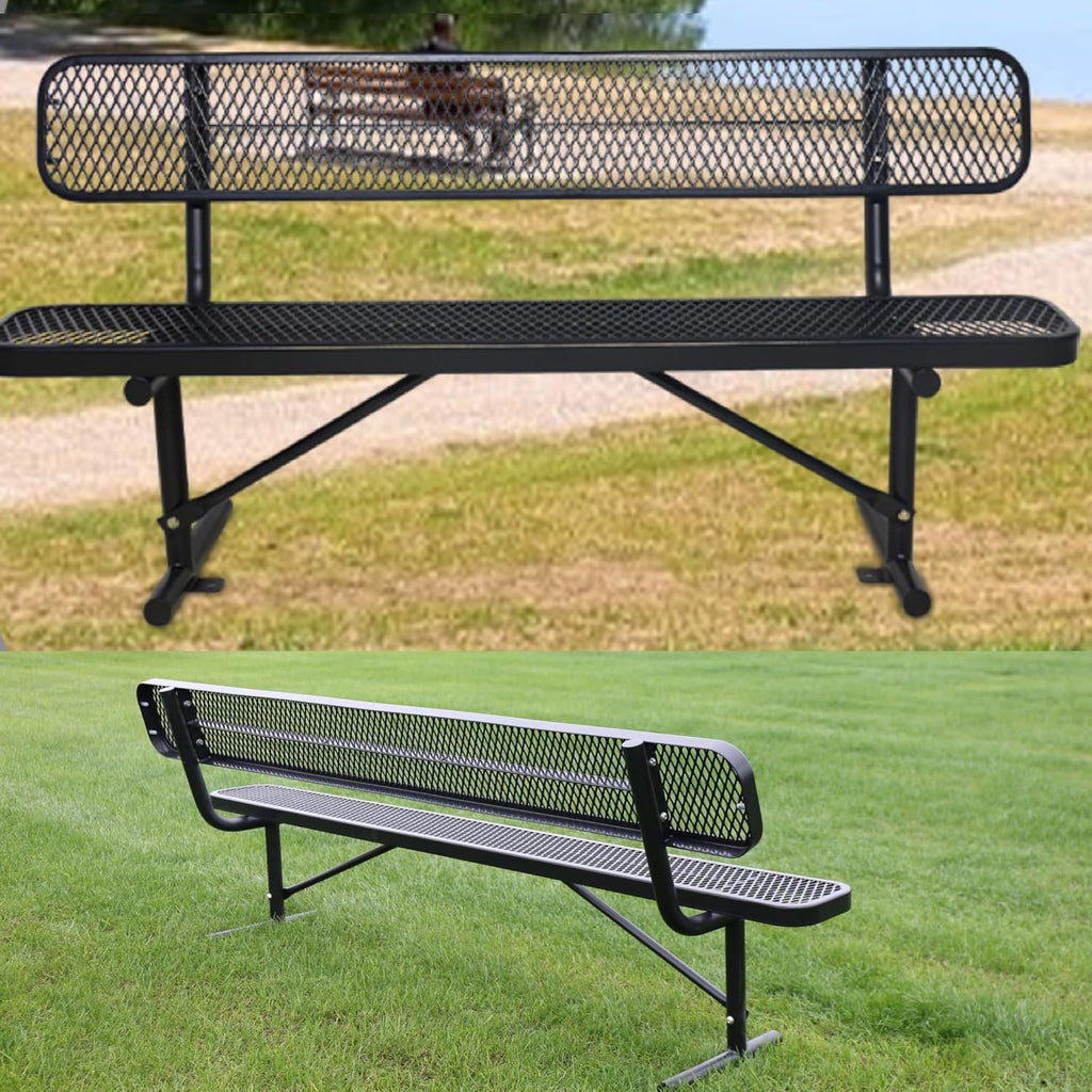 8FT Outdoor Bench Metal Park Bench with Backrest, Heavy-Duty Expanded Picnic Bench Steel Mesh Portable Seating Patio Bench for Garden, Porch, Park,School,Road Sports
