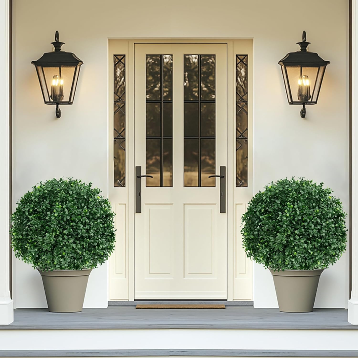 Artificial Boxwood Topiary Ball Tree with Ground Spike, Set of 2 Artificial Shrub Bushes, Fake Evergreen Tree for Porch, Artificial Plants for Outdoor Planters Indoor UV Resistant