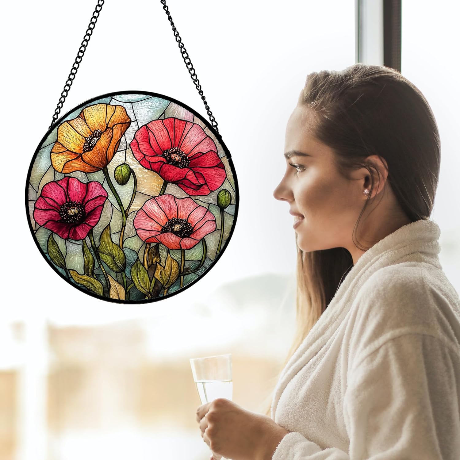 Stained Glass Suncatcher, Red Orange Poppy Flowers Sun Catcher Silver Background Wildflowers Window Hanging Decor Christmas Mother Birthday Gifts for Women Men Mom Nana 6.3 in