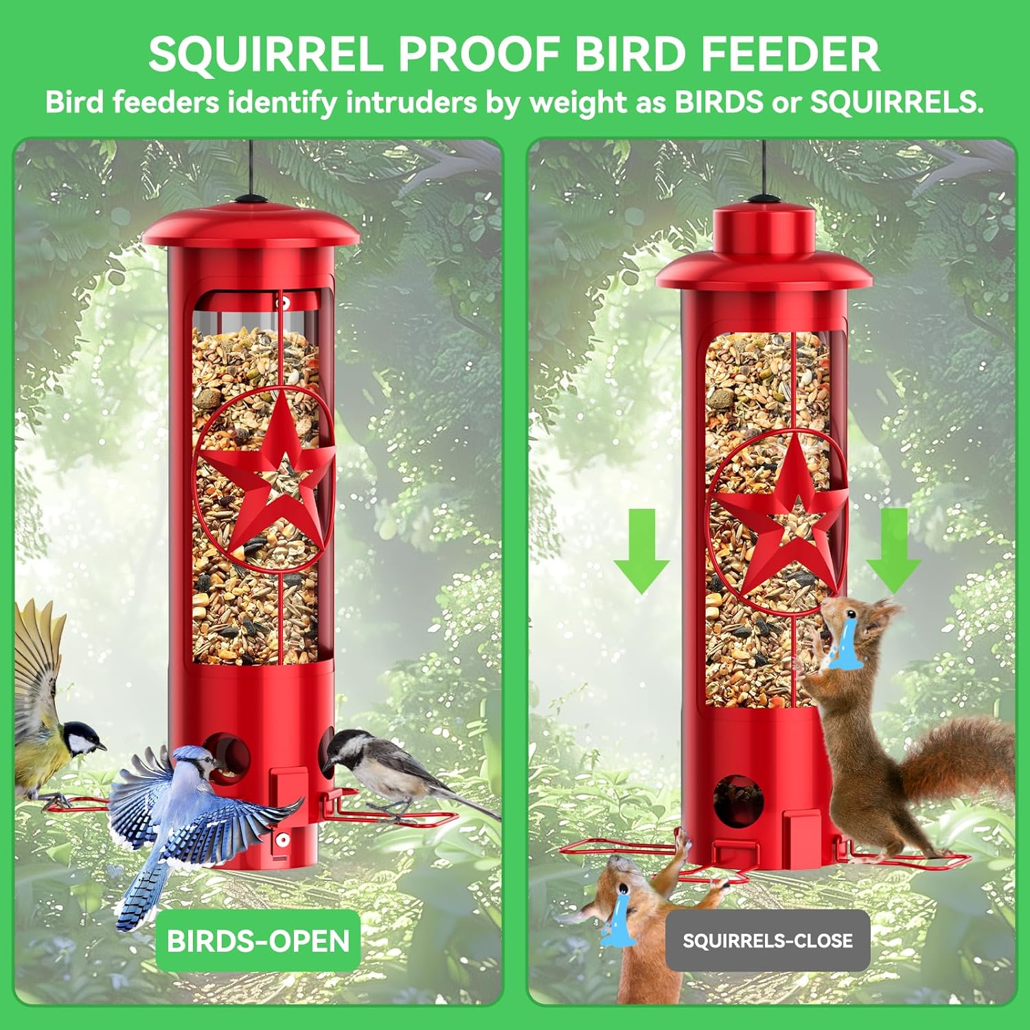 Squirrel Proof Bird Feeders for Outdoors Hanging, Metal Squirrel Proof Bird Feeder with Gravity Protection, 3LB Large Capacity Wild Bird Feeders for Outside Finch, Cardinal, Blue Jay (Red)