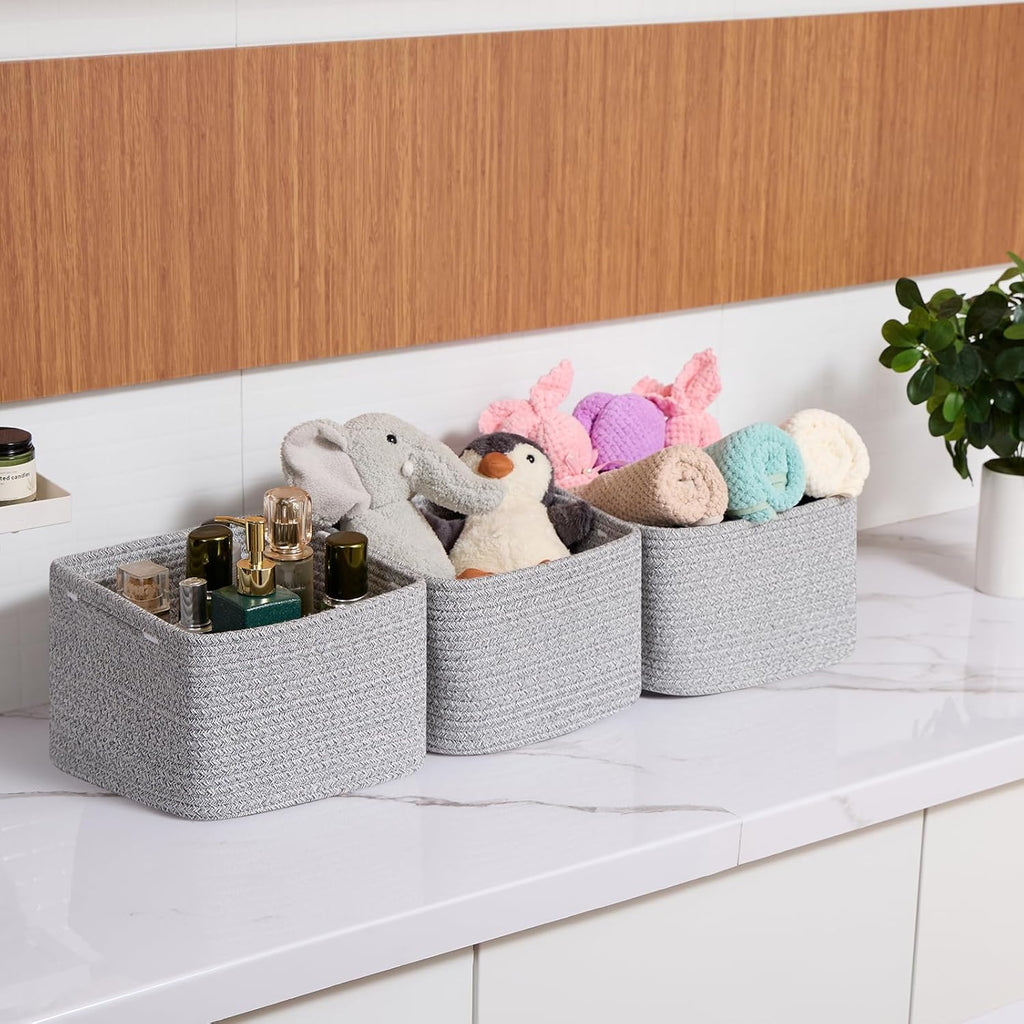 Small Organizing Baskets for Cubes Shelf, 9.7x9.7x7.1 Inch Rope Woven Storage Bins for Nursery Shelves Storage, Cute Toy Basket, Square 3 Packs Mixed Grey