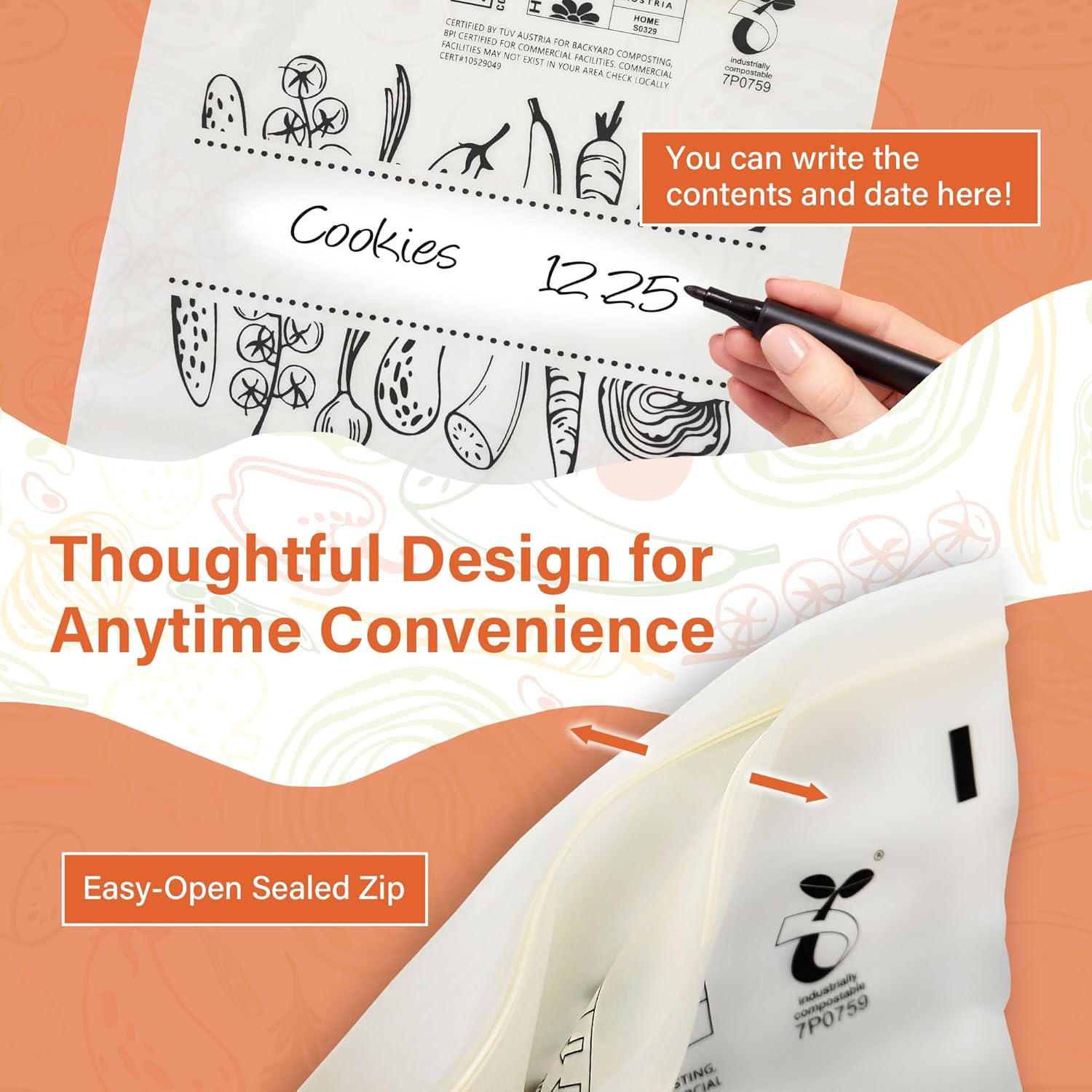 Compostable Food Storage Bags 110 Count, Extra Thick and Reusable, Eco-Friendly, Certified US BPI ASTM D6400 Europe OK Compost, Variety Pack for 50 Sandwich, 30 Quart, 30 Gallon