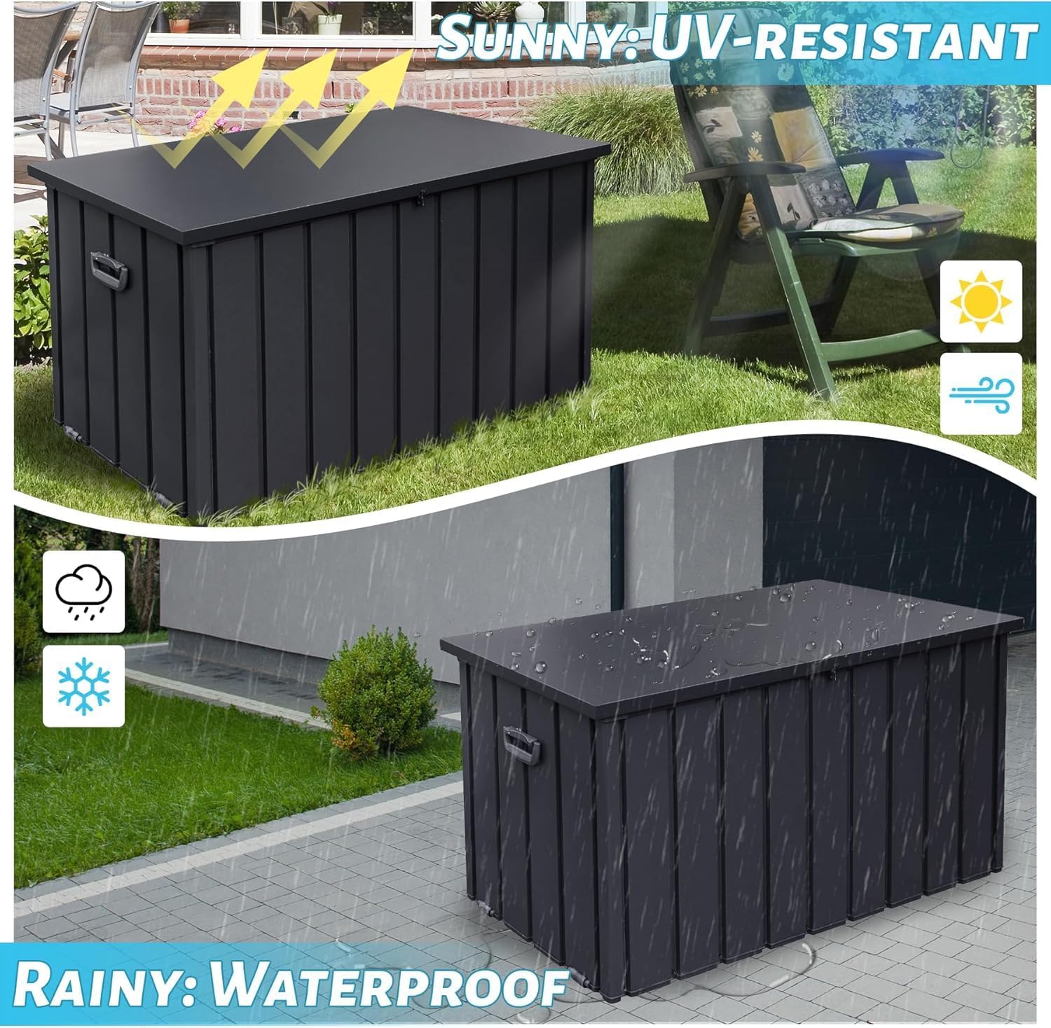 Metal Outdoor Storage Box, 150 Gallon Waterproof Deck Box for Patio Cushion, Outside Storage Cabinet Rust/UV Resistant, Lockable Garden Tool Storage Bin for Porch Package Delivery, Grey