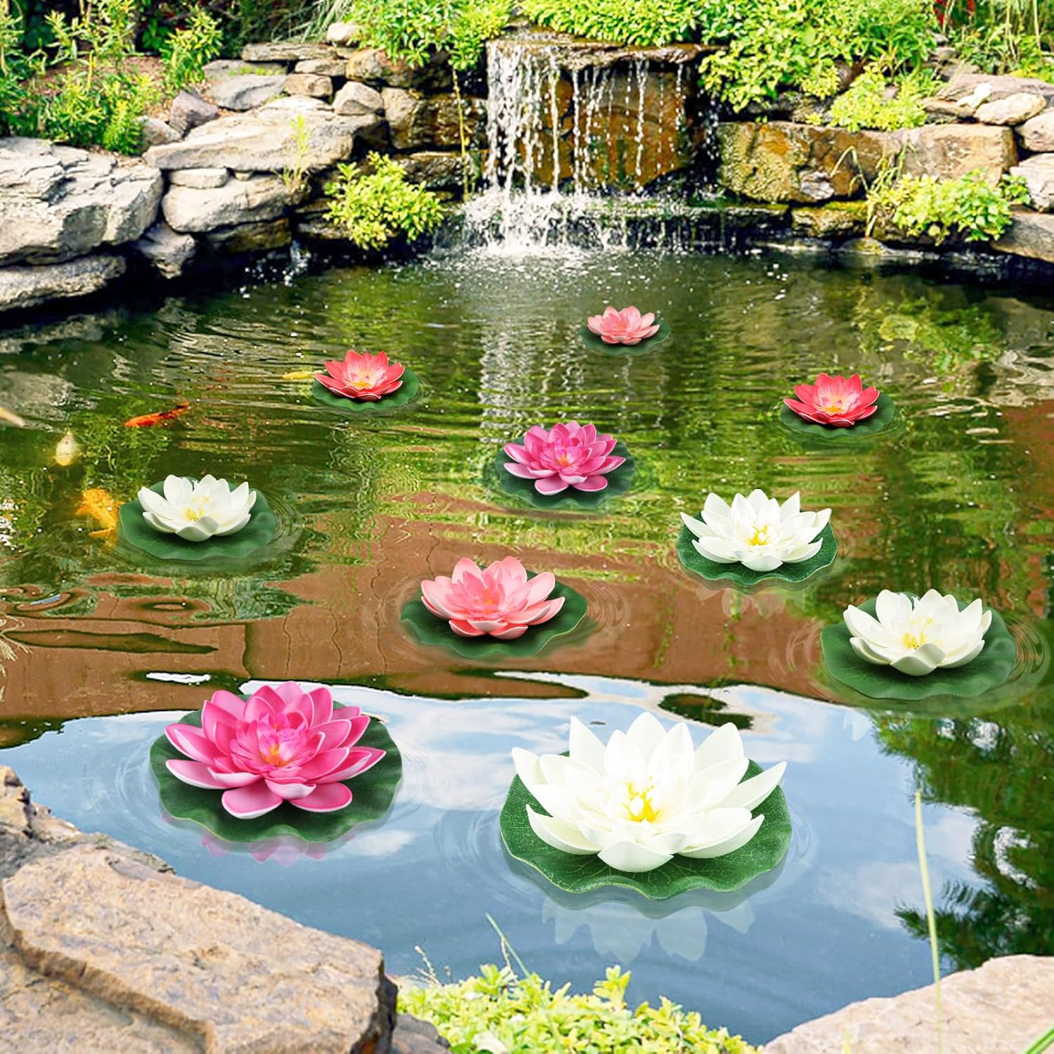 10PCS 3 Sizes Artificial Foam Lotus Floating Flowers with Water Lily Pad Ornaments for Home Garden Pond Decor Pools Water Decorations, Pink and White