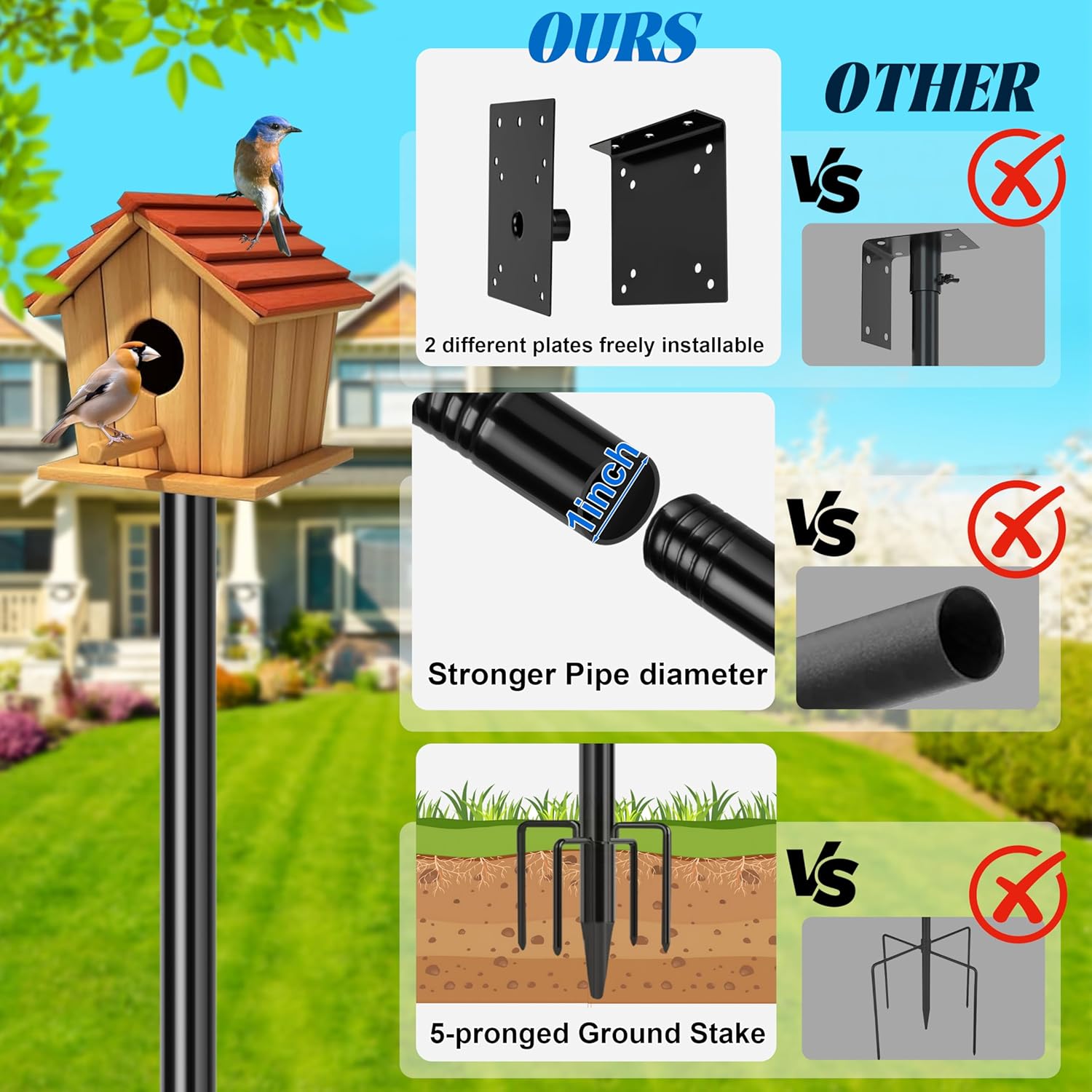 Ottsuls Bird Feeder Pole, 76 Inch Heavy Duty Bird House Pole Kit for Outdoors, with Wooden Board, 5-Prong Base Feeding Station for Wild Birds Watching, Adjustable Feeder Stand (House Not Included)