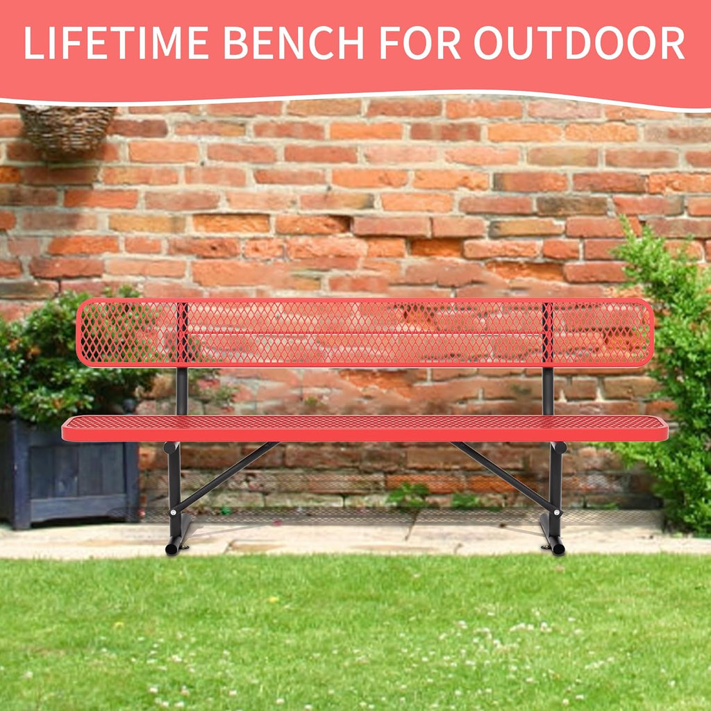 8 Feet Heavy Duty Metal Park Bench for Outside, Outdoor Bench with Backrest & Portable Frame, Commercial Benches for Shopping Malls, Stores, Parks, Patios, Decks, Red