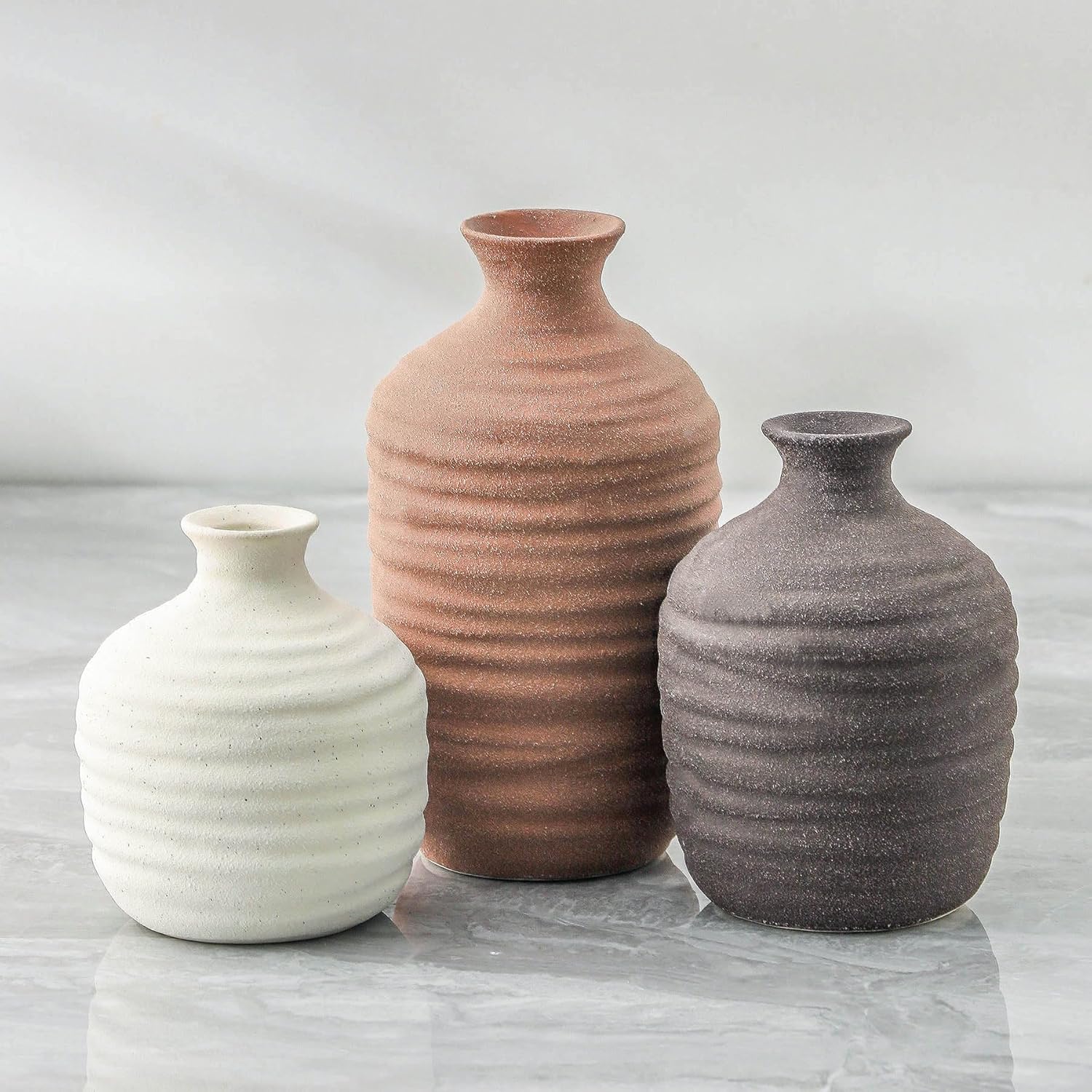Ceramic Vase Set of 3 Decorative Vase for Home Decor Modern Farmhouse Decor Pottery Neutral Vases for Living Room Bathroom Table Mantel Fireplace Entryway Shelf (02-Brown)