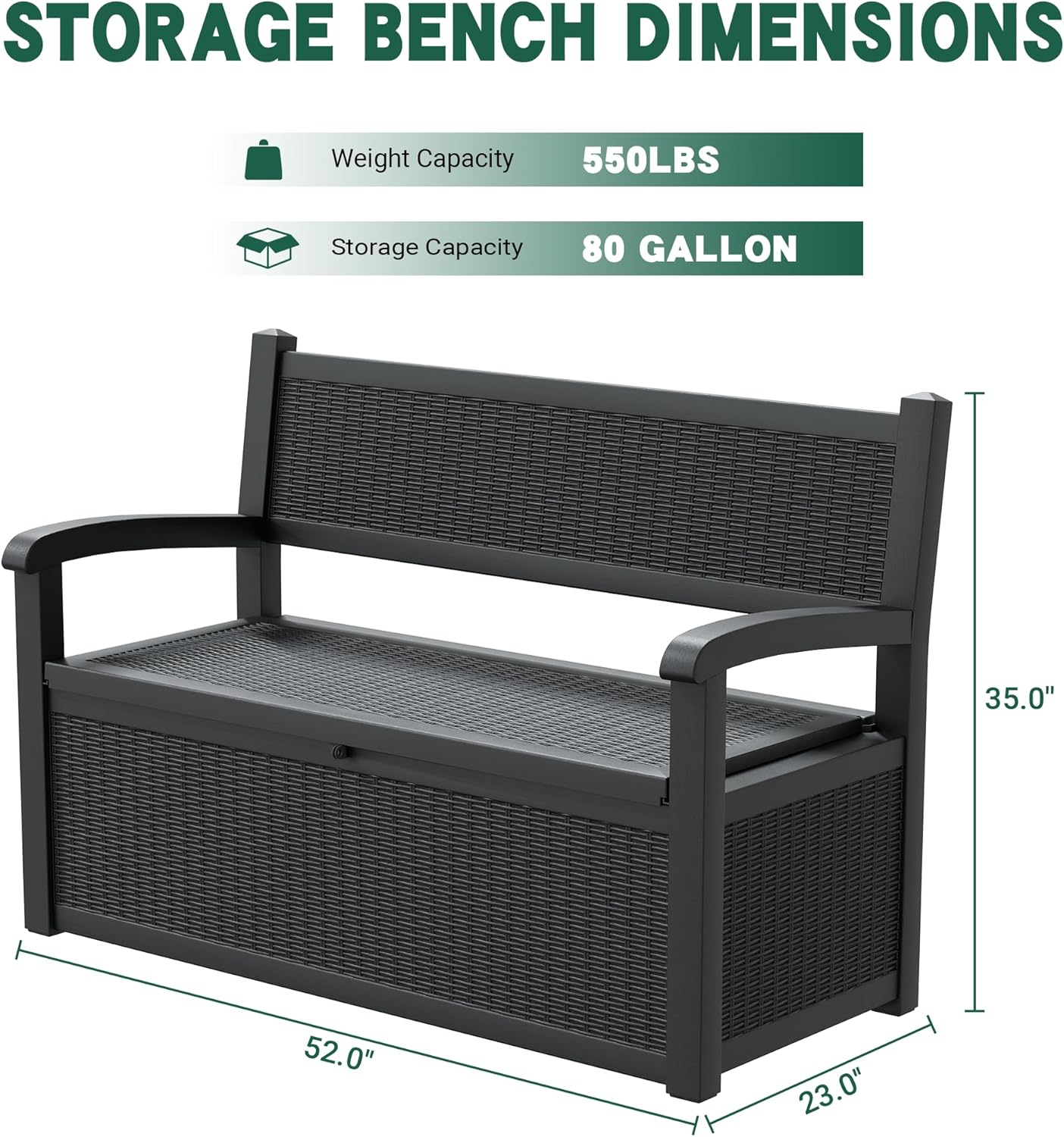 80 Gallon Outdoor Storage Box, Resin Patio Furniture with Armrest, Lockable Deck Box with Waterproof and UV Resistant for Patio Cushions, Garden Tools and Pool Supplies, Black