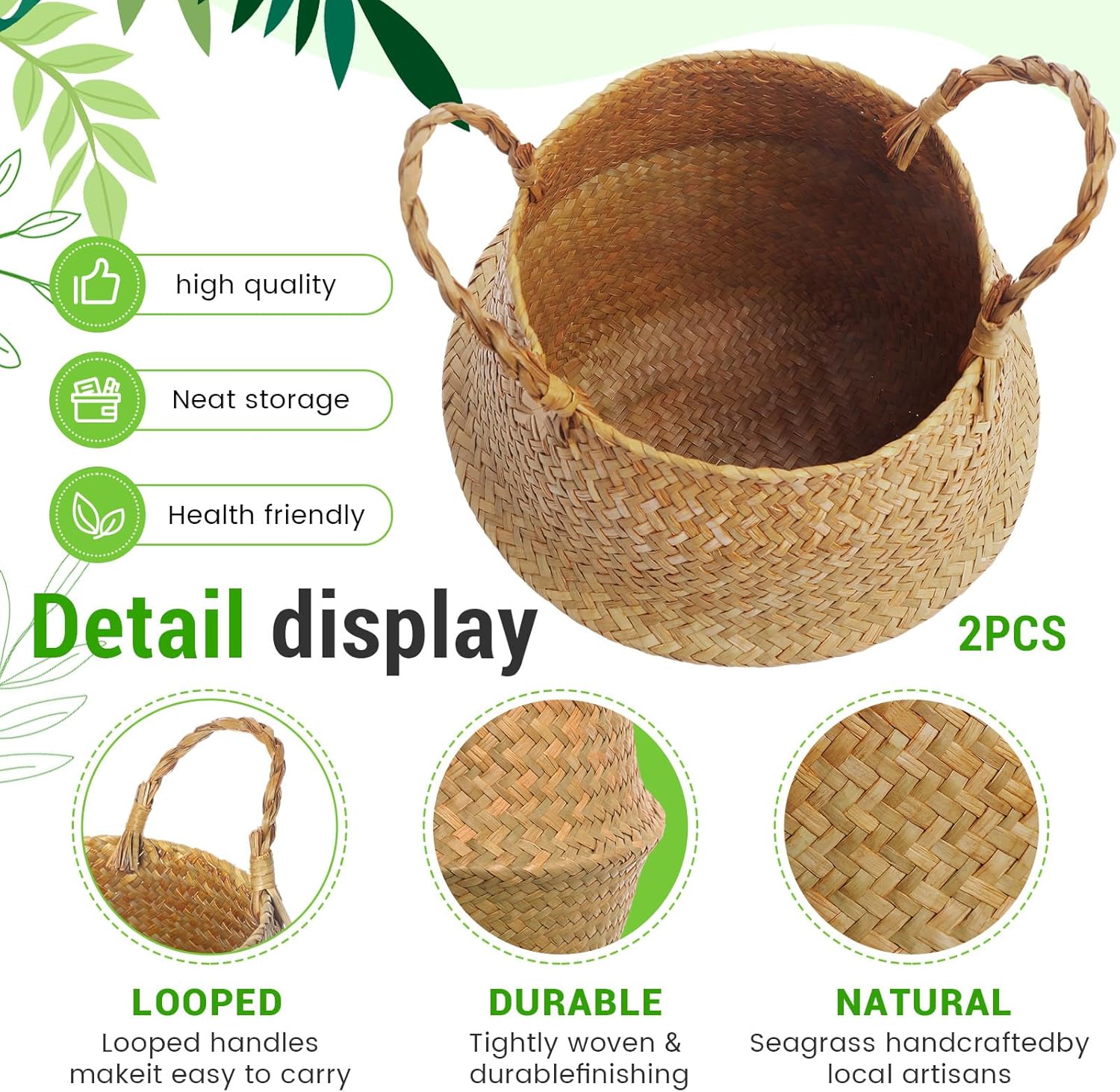 3 Pack Large Wicker Plant Basket with Handle 10 Inch Woven Seagrass Belly Basket and Artificial Moss for Plants Picnic Grocery Laundry House Storage Home Decor (Small,Medium,Large)