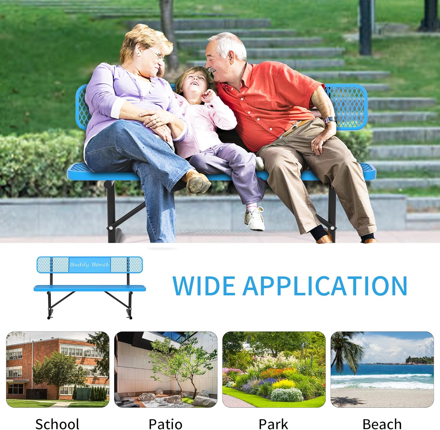 6 Feet Steel Park Bench for Outside, Outdoor Bench with Backrest & Portable Frame, Commercial Benches for Parks, School, Patio, Deck, Store,Blue