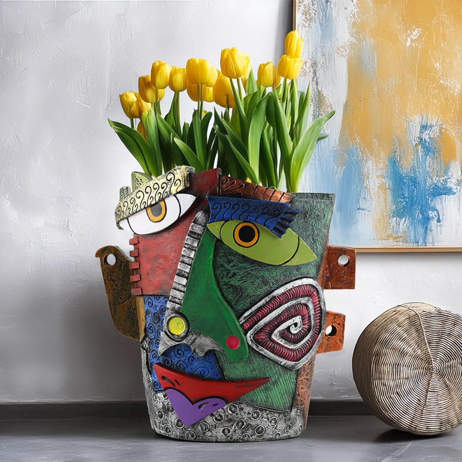 Picasso-Inspired Abstract Face Flower Pot | Unique Head Planter with Drainage Hole | Vibrant Colors & Quirky Art Decor (Frowning Expression)