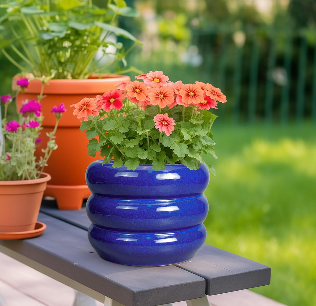 SQOWL 8 Inch Plant Pot - Ceramic Planter Indoor Plant Pot with Drainage Hole Outdoor Flower Pot Round Decorative Plant Pots for Kitchen Counter Desk Decor Blue