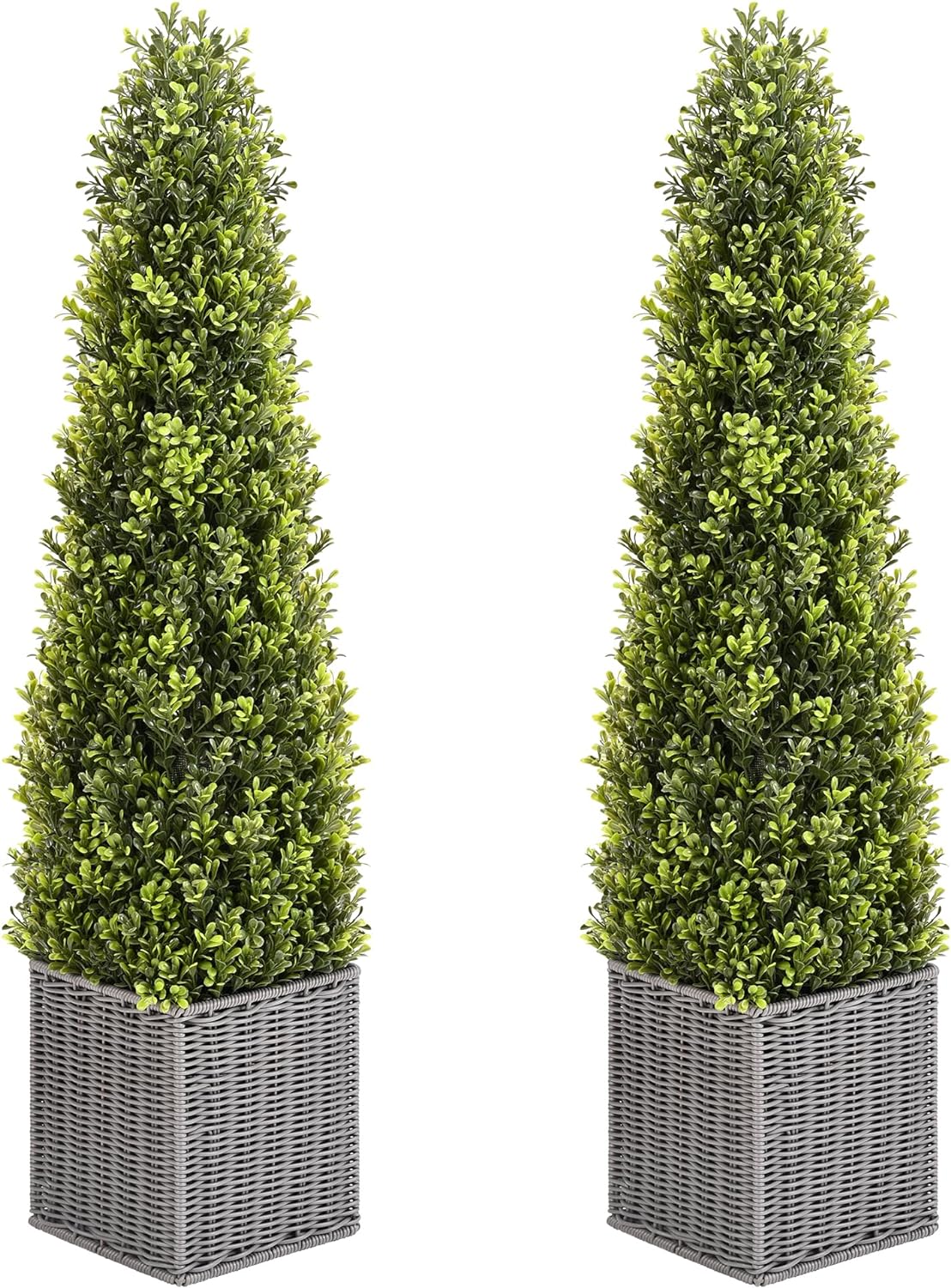 48 Inch Artificial Boxwood Outdoor Topiary Tree Set of 2, 4FT Potted Boxwood Tree Cone Topiary Artificial Plant Shrub for Front Porch Home Office Decor…