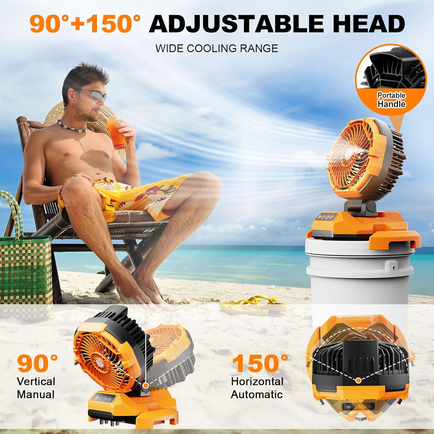 Portable Misting Fan, 30000mAh Rechargeable Battery Powered Oscillating Cooling Fan, Outdoor Fans for Camping, Patio, Adjustable Base for 10-13in Water Tank(No Bucket Included)