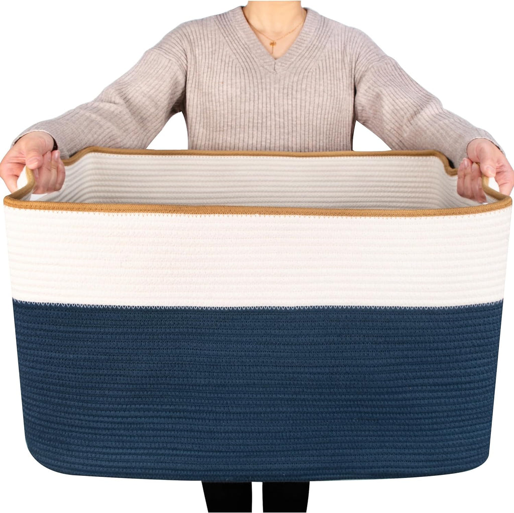 MINTWOOD Design 22in Extra Large Blanket Basket Holder Living Room, Rectangle Rope Woven Storage Basket with Handles for Laundry, Pool Towels, and Shoes, Dog Toy Organizer Bin Box, Prussian Blue