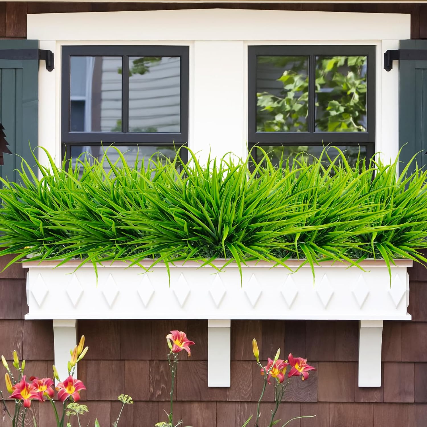 Uieke 6 Bundles Artificial Outdoor Plants UV Resistant Fake Grass Plants Faux Plastic Plants Greenery Shrubs for Home Garden Pathway Window Box Front Porch Cemetery Spring Summer Decor, Green