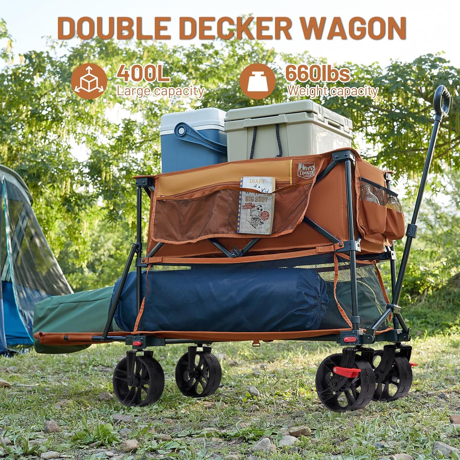 TIMBER RIDGE 400L Large Capacity Folding Double Decker Wagon with Brakes, 54" Extra Long Extender Wagon Cart, 660lbs Heavy Duty Collapsible Cart, All-Terrain Big Wheels for Camping, Sports, Shopping