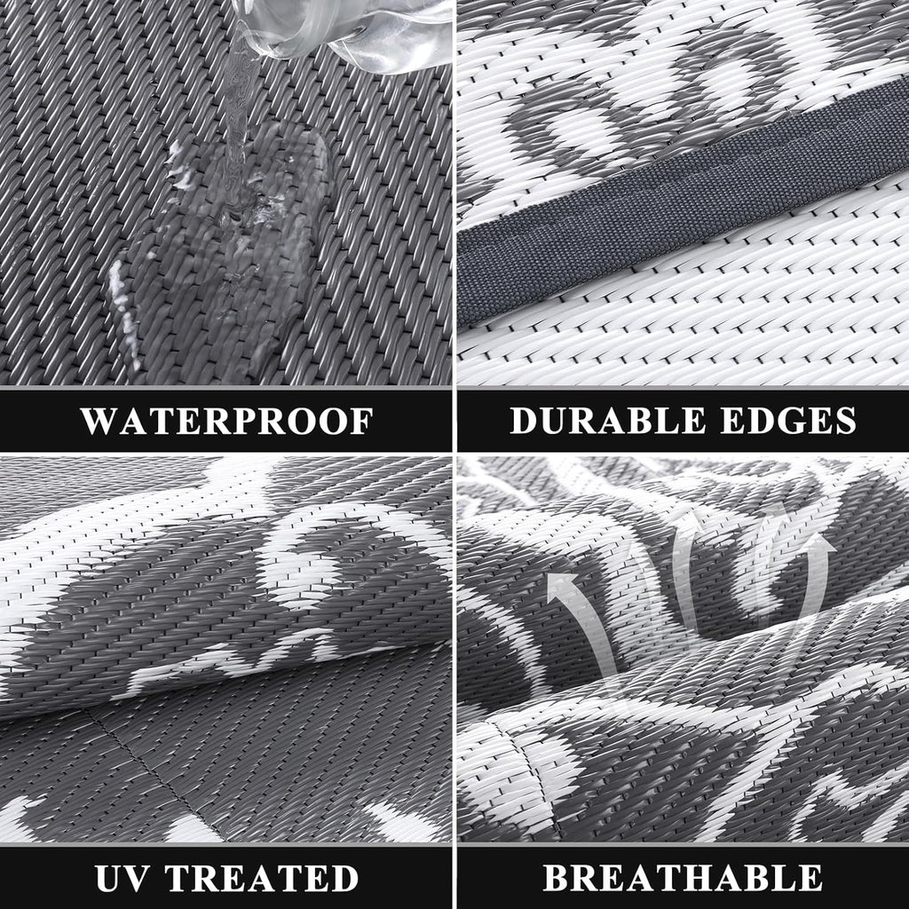 Pauwer Waterproof Outdoor Rug 10x14, Reversible Plastic Straw Patio Camping Rug, Indoor Outdoor RV Mat Carpet for Deck, Camper, Porch, Balcony, Backyard, Picnic, Boho Grey