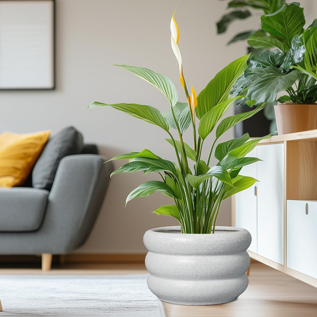 SQOWL Ceramic Planter Pot 13.5 Inch - Plant Pot Indoor with Drainage Hole Large Flower Pot Outdoor Modern Planter House Plant Pot for Office Front Door Porch Decor White