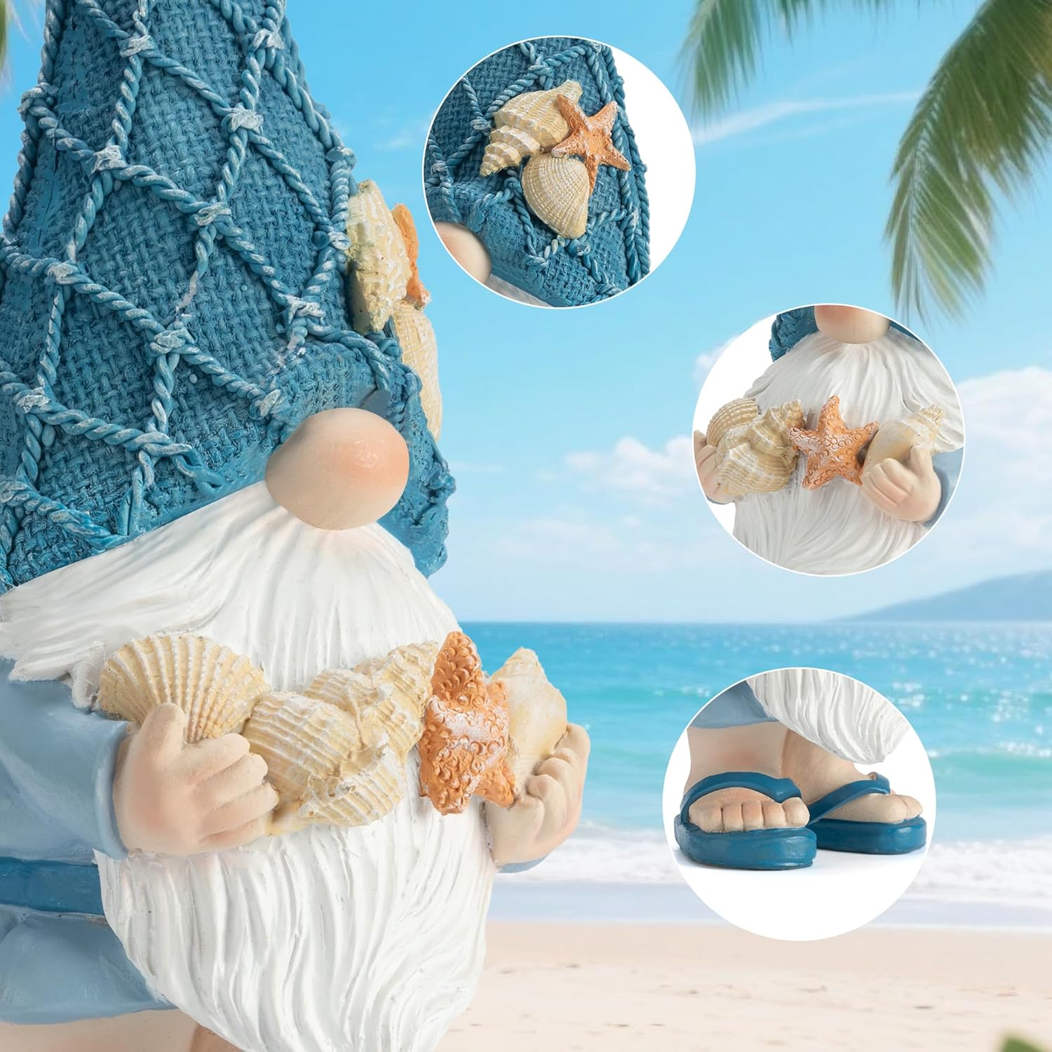 Garden Sea Gnome Statue Decoration Indoor Resin Beach Gnome Sculpture for Home Office Desktop Bathroom, Summer Pool Decoration Gifts (Holding a Shell)