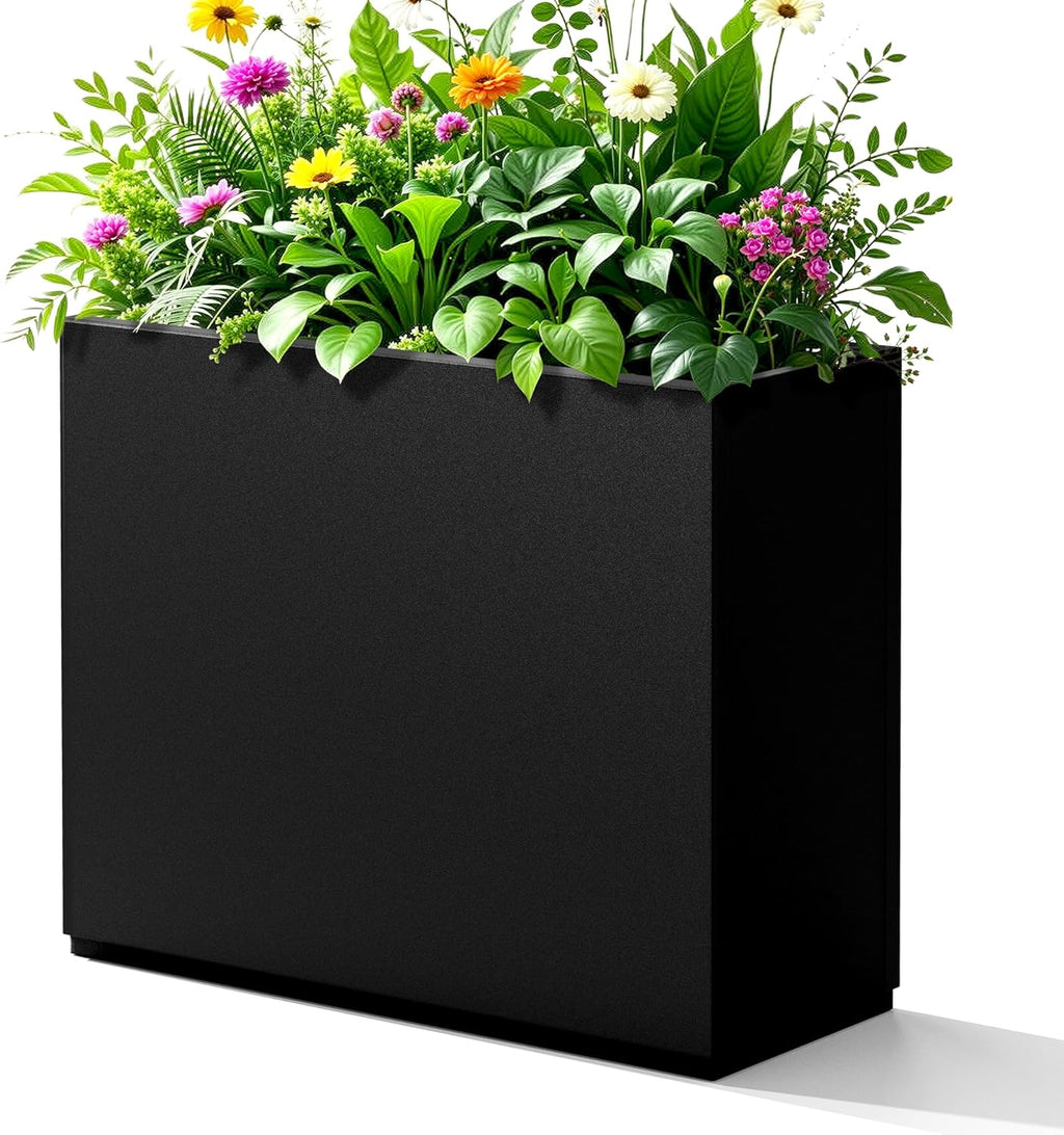 Rectangle Planter for Indoor & Outdoor, Tall and Long Planter Boxes with Drainage Holes, Mental Divider Planter Box All-Weather Use for Plants, Flowers, 29.9" L x 12" W x 24" H, Black
