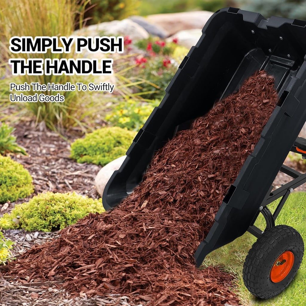 900 Lbs Poly Garden Dump Cart, Heavy-Duty Wheelbarrow with 10-Inch Tires, 180° Rotating Handle, Steel Frame and Quick Release System Garden Dump Cart for Soil Plants Gardening Tools Wood