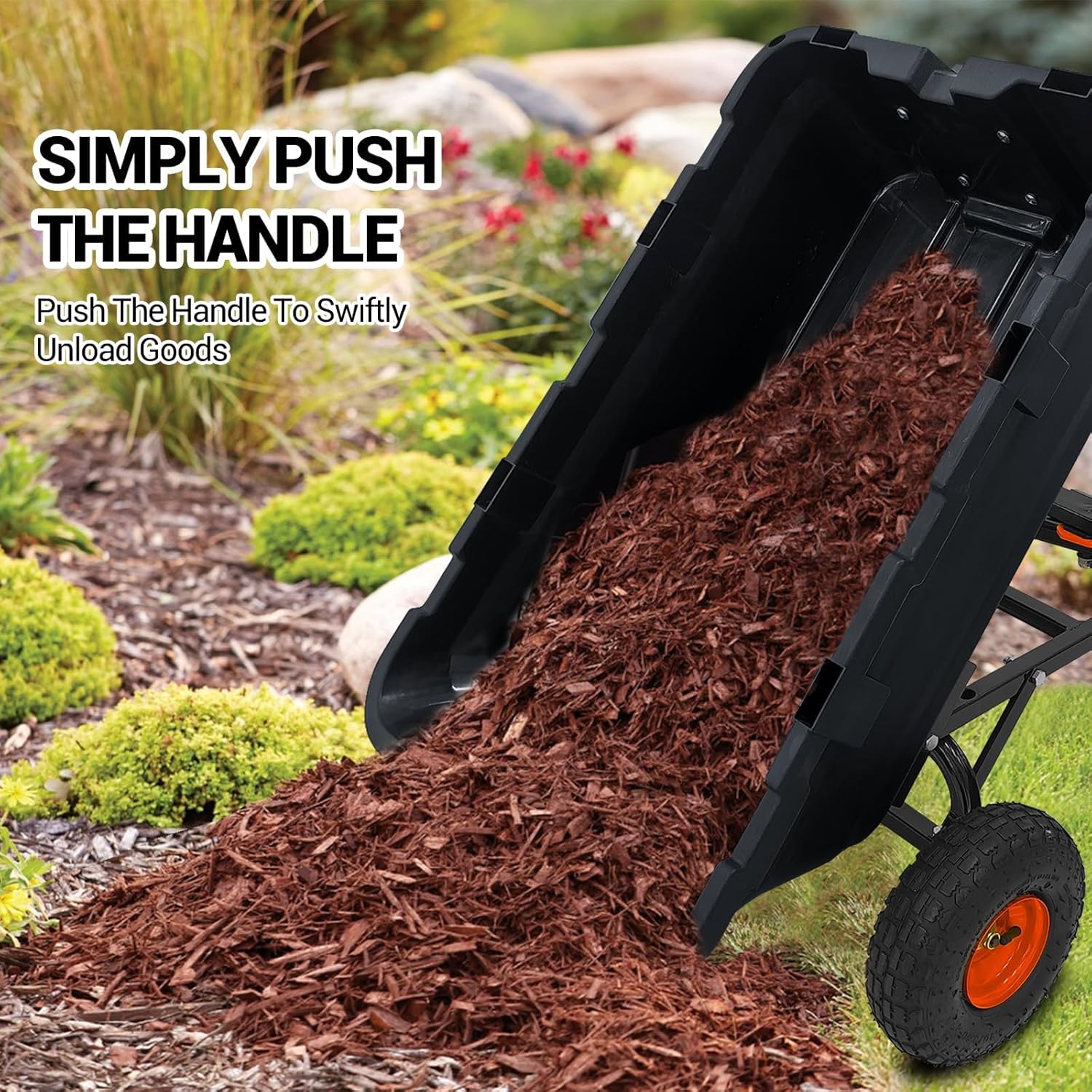 900 Lbs Poly Garden Dump Cart, Heavy-Duty Wheelbarrow with 10-Inch Tires, 180° Rotating Handle, Steel Frame and Quick Release System Garden Dump Cart for Soil Plants Gardening Tools Wood