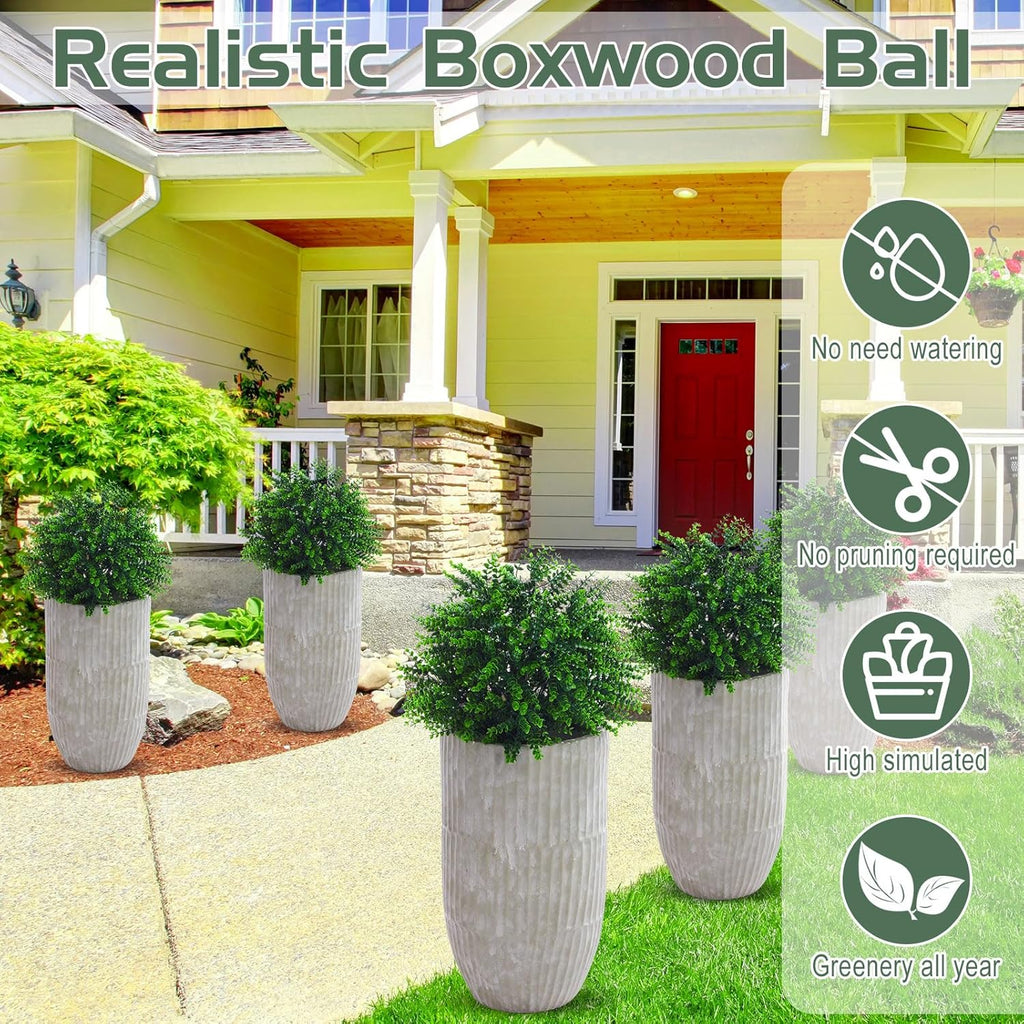 Yunlly 6 Pcs 18 Inch Artificial Boxwood Ball Topiary Tree Fake Outdoor Plants Bush, UV Resistance Faux Shrubs with Spike Realistic Greenery Potted for Indoor Garden Yard Porch Patio Decor (Green)