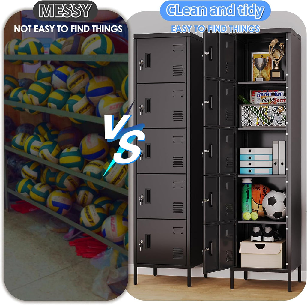 METAN Metal Storage Employees Locker with 5 Lockable Doors,Locking Storage Cabinets for Small Spaces,Home,School,Gym,Assembly Required,Black